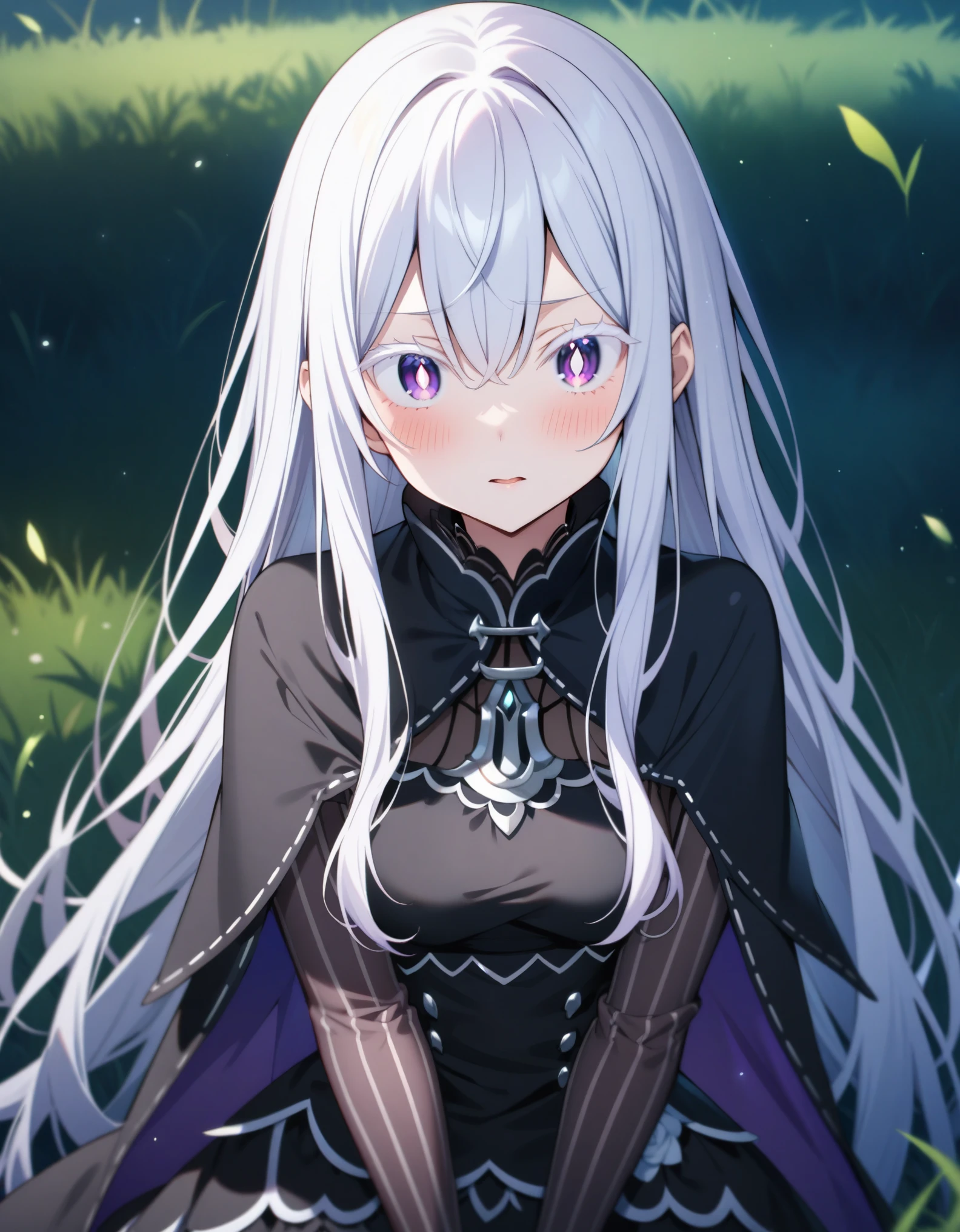 (masterpiece, best quality, very aesthetic, ultra detailed), intricate details, 1girl, echidna \(re:zero\), re:zero kara hajimeru isekai seikatsu, white hair, colored eyelashes, white eyelashes, bright pupils, violet eyes, long hair, sidelocks, black capelet, black dress, layered dress, blush, outdoor, grass background