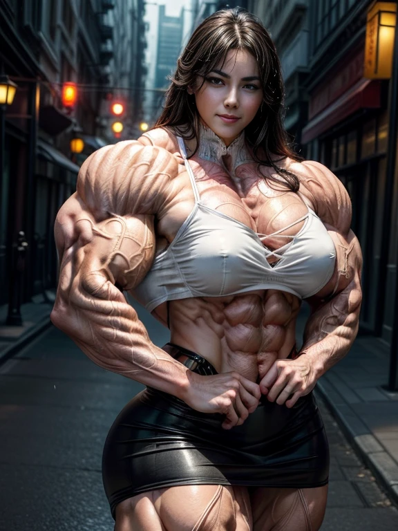 Woman walking downtown at night、cowboy shot、(muscular woman like male bodybuilder:1.8))、Thick arms with well-trained muscles:1.3、sculpted muscular thick texpensives:1.3、girl、、long legs、soaking wet、Ulchan-6500-v1.1, (Raw photo:1.2), (Photorealsitic), 美しい詳細なgirl, very detailed目と顔, beautiful and detailed eyes, Hugeファイルサイズ, expensive解像度, very detailed, 最expensive品質, [masterpiece:1.6], enlightenment, very detailed, nffsw, finely, 最expensive品質, 8k wallpaper, movie lighting, 1人のgirl, , perfect body shape, big and firm chest、Huge 、heavy chest、Huge乳首、beautiful big eyes、((Lori will do it:1.2))、sweaty and wet、(friendly smile:1.2)、There&#39;There&#39;There&#39;There&#39;s a light in my eyes、(one length、long straight line)、expensive、(sexy lace bra、Ｔreturn、.3)、Busy streets of big city at midnight、dynamic pose(Photoreal: 1.4), (超realistic: 1.4), (realistic: 1.3), (smooth lighting: 1.05), (Improved cinematic lighting: 0.9), 32k,  realistic lighting, returnライト, face light, ray tracing, (whitening light: 1.2), (Image Correction: 1.4), ( 最expensive品質のリアルスキン: 1.4), (Show your body line beautifully: 1.1), (Skin texture improves beauty: 1.1),Stretch your muscles with poses that emphasize them、Leather Pin Heels、pumps、Leather flared skirt