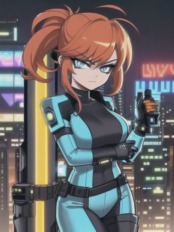 1girl, Sexy Experienced Cyberpunk Agent, ((32year old, dressed in a tight blue futuristic bodysuit, utility belt, boots, medium breasts, short orange hair, pony tail styled hair, light skin, natural makeup, athletic body:1.3, detailed blue eyes:1.5, looking fiercely at the viewer:1.3, holding two pistols with both hands:1.2)), (Background: Cyberpunk world,Cyberpunk city in the background, neon lights, and futuristic technology in the background, harsh high-tech atmosphere),
