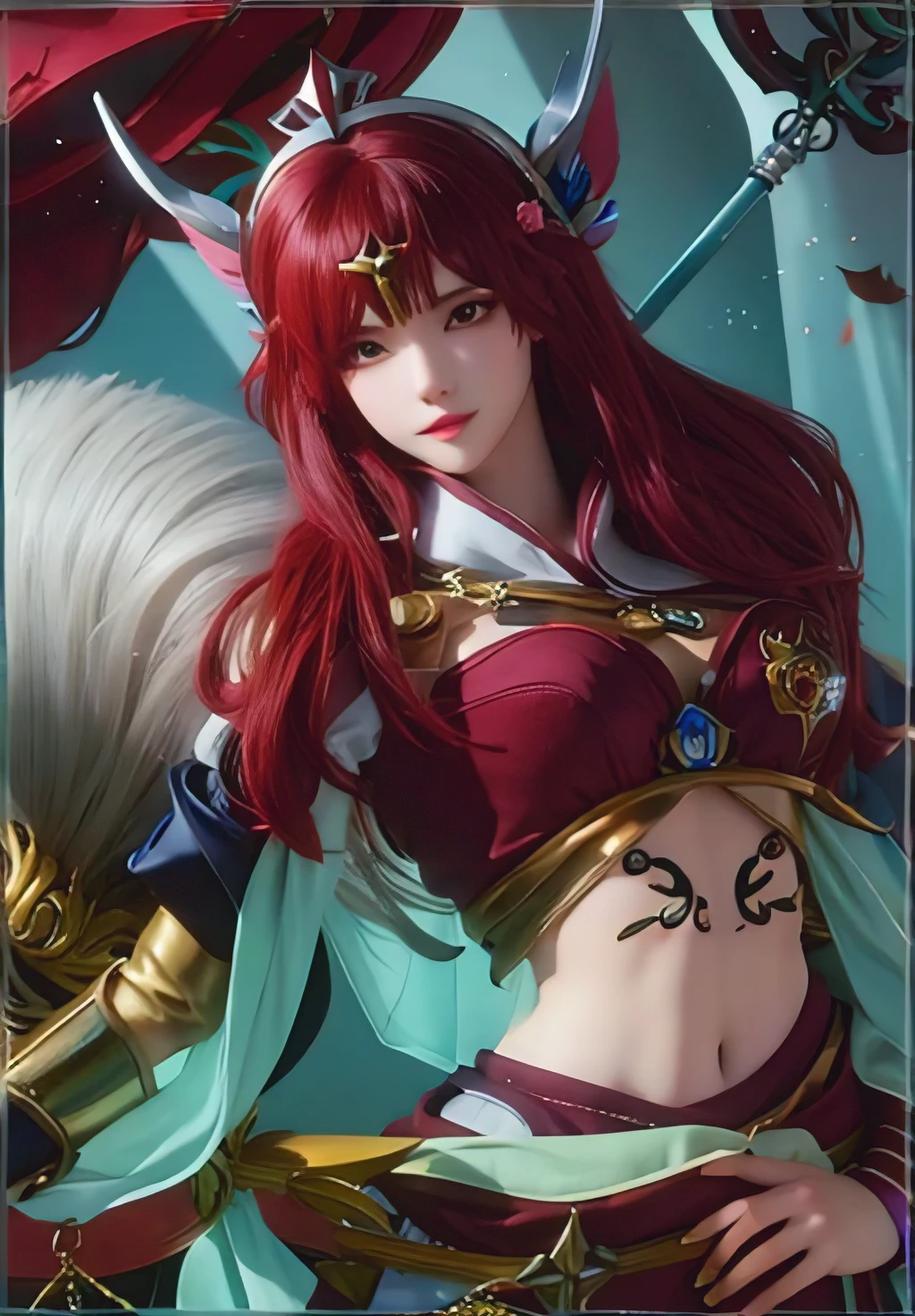 anime style; 3d; glitter; horoscope sign Aries goddess; color red; Ram details; ♈ symbol; RPG; mystical; garnet stone;