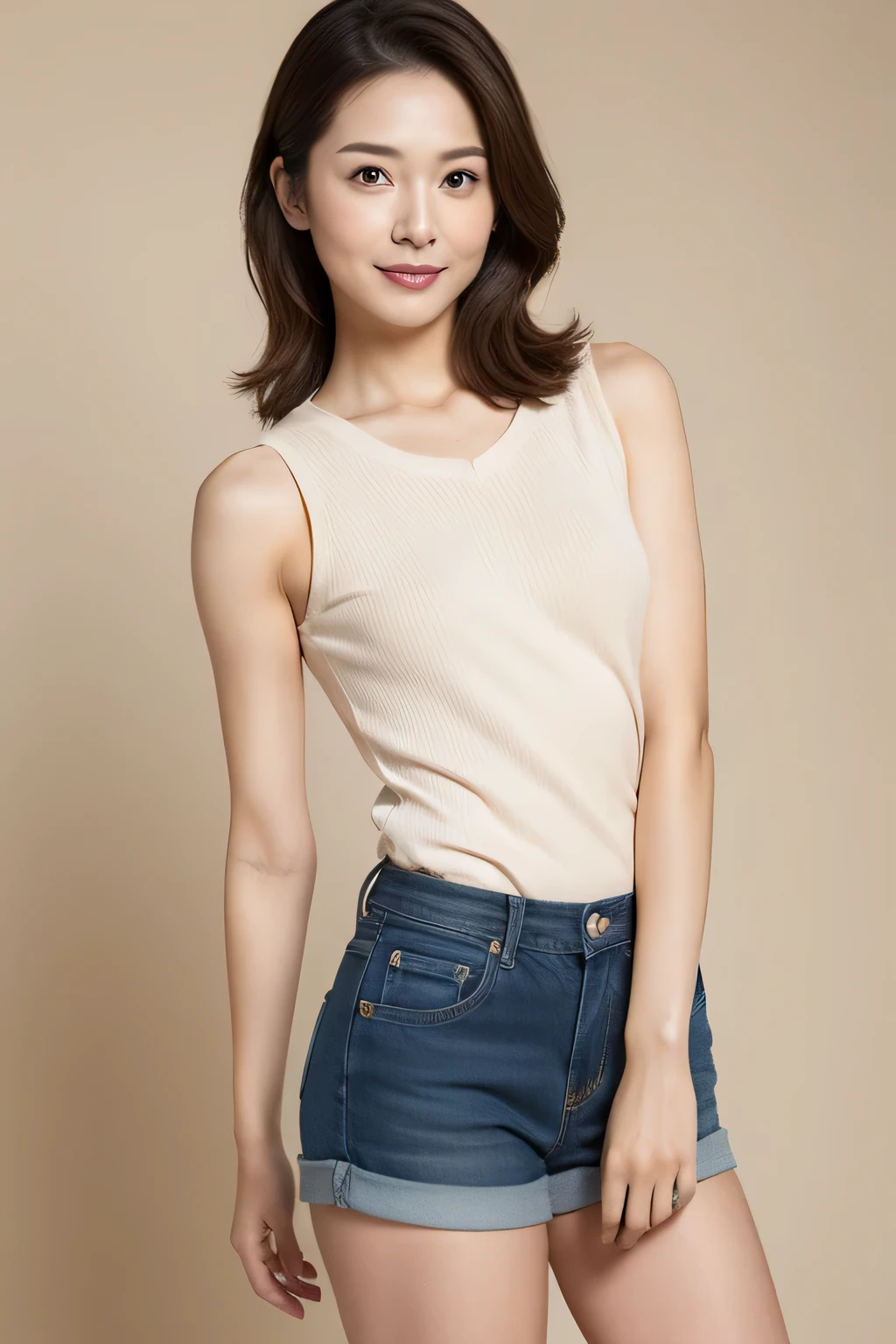 A beautiful and cute middle-aged Japanese woman, an inorganic Snow White background, natural skin, a cute smile with her mouth closed, very short short black hair, a visible forehead, a young-looking face, small build, short stature, White fitted sleeveless T-shirt, cargo pants, natural skin, standing tall, full body photo, serious and honor student atmosphere, correct posture, upper body