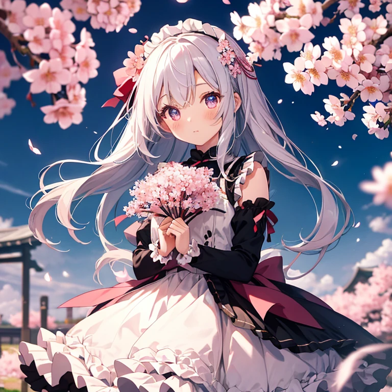 super high quality, cute woman, 8K, evening、Sweet frilly lolita、When I look up at the sky fluttering in the wind, Admire the cherry blossoms in full bloom. BREAK Those eyes seem to be gently touching the petals of cherry blossoms,bouquet
.