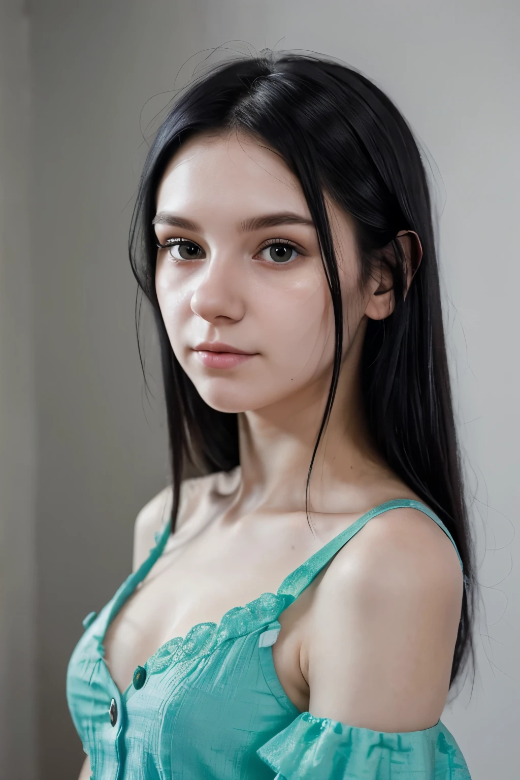 ((best quality)), ((masterpiece)), (detailed), perfect face,((best quality)), ((masterpiece)), (detailed),Realistic cute 18 year old girl,christian,small (cute little button nose),(high cheek bones),(intricate cute black hair),(cute green eyes),(pale skin) highly detailed skin textures, lifelike skin texture, looking intimately directly at camera, (looking at viewer),Delicate, Highly detailed, UHD digital photo, bedtime theme, beautiful young girl, dreamy, Highly detailed texture, life like texture,Highly Detailed photograph,ultra HD, 8K,realistic, very detailed, high detail, ultra-clear,