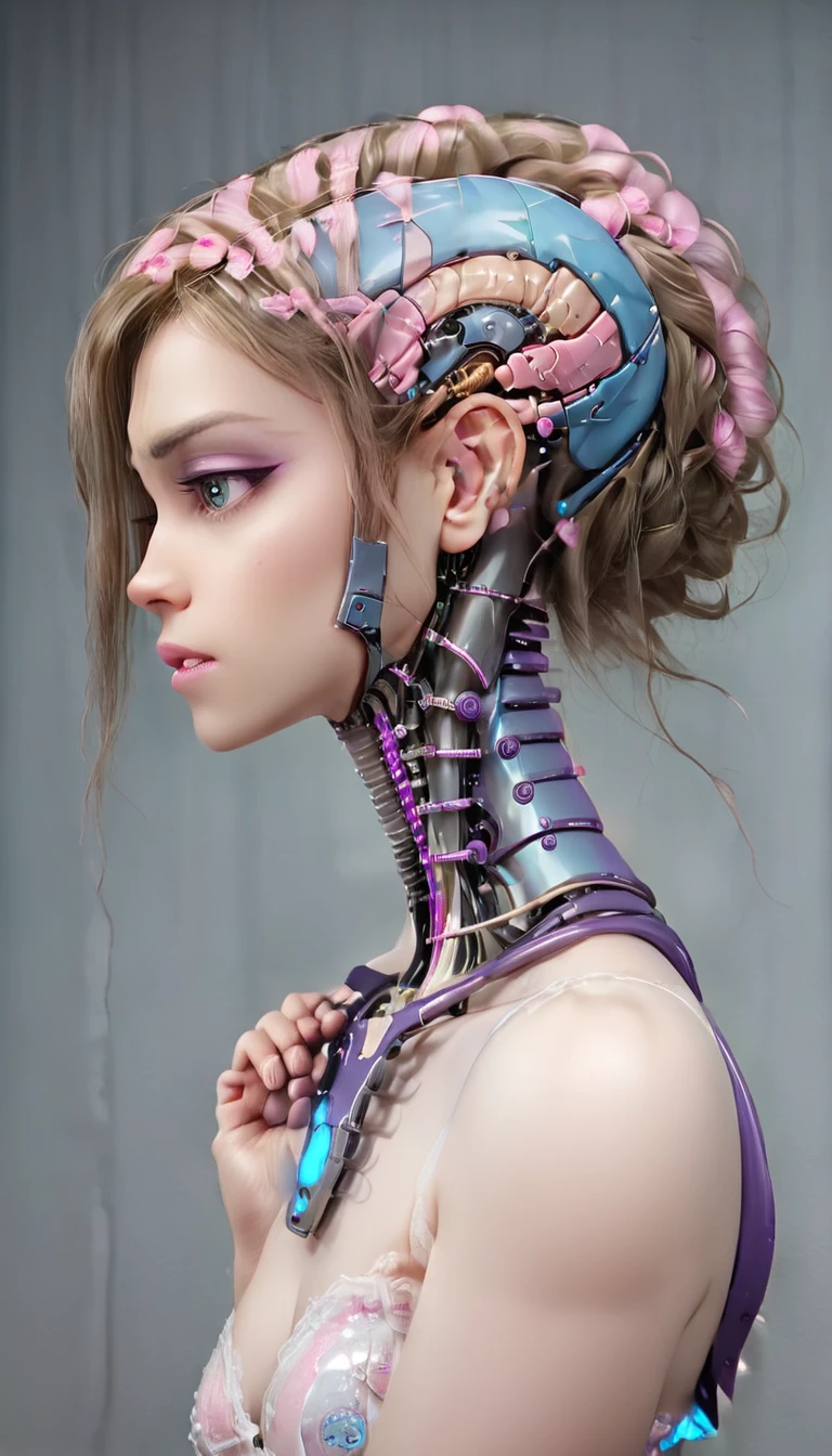 jessicagraham, (Complex Professional 3D rendering:1.3) of (Ultra detailed:1.3) side profile, xray diagram deconstruction of a cyborg brain to machine interface, extended neck, glowing lights, Highly detailed, Depth, Many parts, Lumen render, 8k x-ray style translucent bald head, clear skin, synthetic bone, purple pink and blue Xray style on a grey background covered in geometric patterns,CGSociety,ArtStation