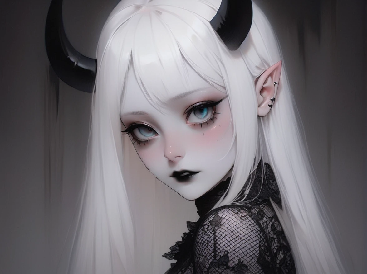 pale devil girl , ((above the waist)), shot from afar, (big eyes, The eyes are tender and beautiful, beautiful and gentle face, full body detail), (prism shading, holographic atmosphere, chromatic:1.2) Black lace shirt, gothic background, (Long right angle:1.2) Sneakers with socks,