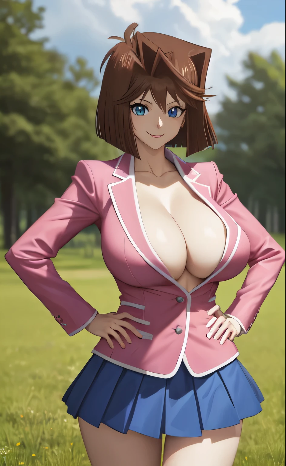 masterpiece, best quality, highres, colorfull,
AnzuDef, 1girl, solo, breasts, smile, short hair, blue eyes, huge breasts, brown hair,
skirt, long sleeves,jacket, pleated skirt, miniskirt, blue skirt, blazer, impossible clothes, pink jacket, yu-gi-oh!, shirtless,
cowboy shot, looking at viewer, outdoors, grass, field, forest, sunlight, cloudy, laughing, cleavage, hands on hip