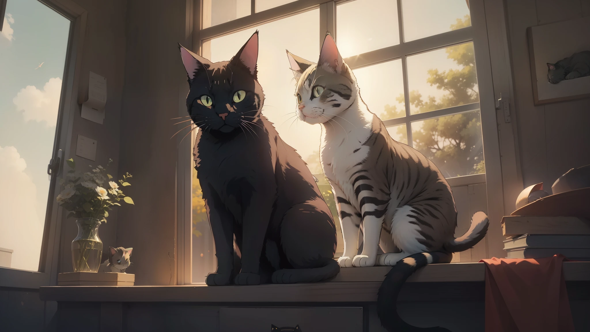 A cat is sitting on a window sill exposed to sunlight, Cute cat anime visual, anime cat, beautiful anime catgirl, cute anime catgirl, cat sora, very beautiful anime cat girl, realistic anime cat, anime catgirl, 4k anime wallpaper, anime art wallpaper 4k, anime art wallpaper 4k, anime background