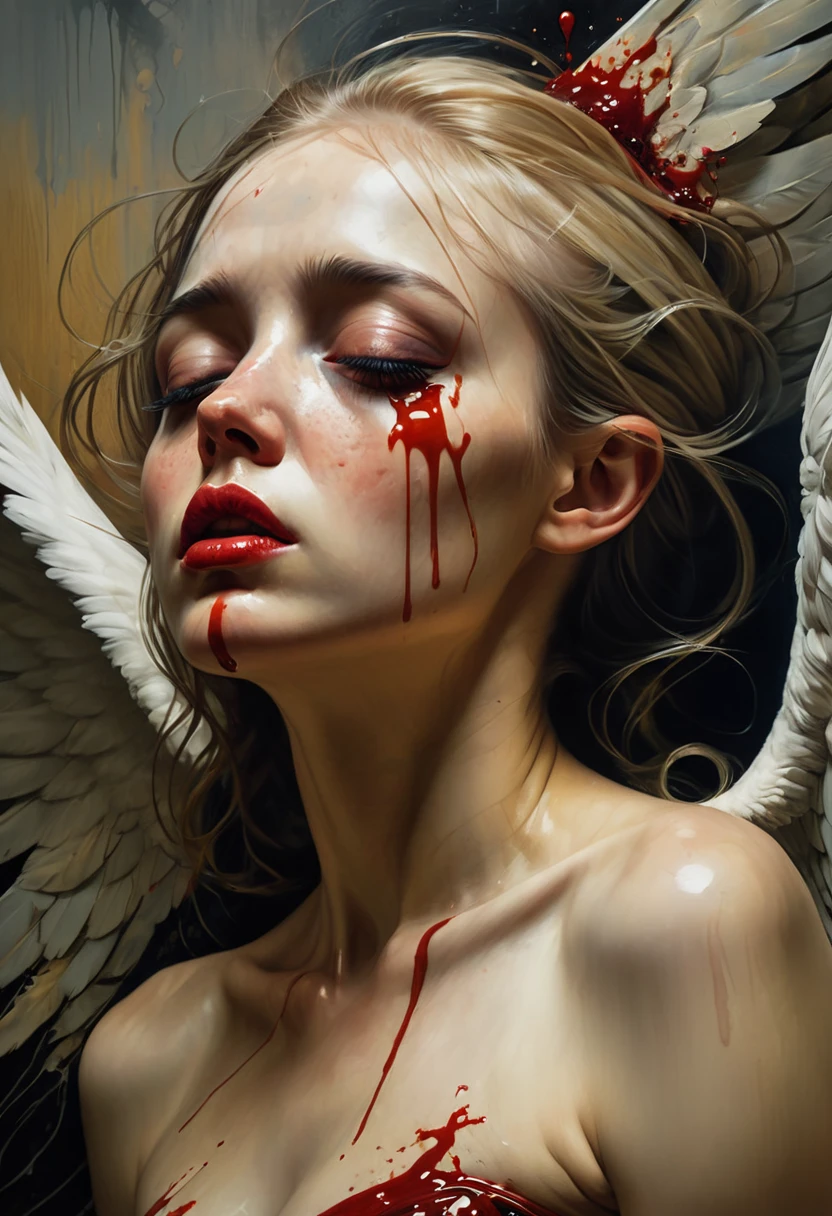 There is ugliness in beauty, but there is also beauty in ugliness. In the style of Stefan Gesell, Adrian ghenie, esao andrews, jenny Saville, Edward hopper, surrealism, dark art by James jean, An angel who represents all the misery of humanity she is distraught Her eyes look to the ground.  Her tears of blood spill onto the ground The angel's wings Details Image Perfect pose. Dynamic pose. Organic. Energetic. Volumetric light. Hyperrealism. Surrealism. Fantasy. Admirable. I don't want any jewellery. Flawless beauty. Rare beauty. Mysterious. A masterpiece of small details. Precise focus. Ultra-detailed. Perfect synchronisation of soft and vivid colours. 60-30-10 rule. The image must have a mysterious look and an incredible masterpiece quality. Ultra-detailed. Soft palette. Transition from one tone to another. Super detail. Attention to detail. Ultra-fine details that capture every texture. The macro must provide detail. Very detailed texture. Realistic texture. Luxurious detail. It must be absolutely perfect. Cinematic effects must be applied. The proportions of the objects must match the screen's aspect ratio. The format must be UHD (ultra high definition). 3D. Hdr. High quality. Ultra HD 32k, ultra realistic. Fuji 35 mm film. 