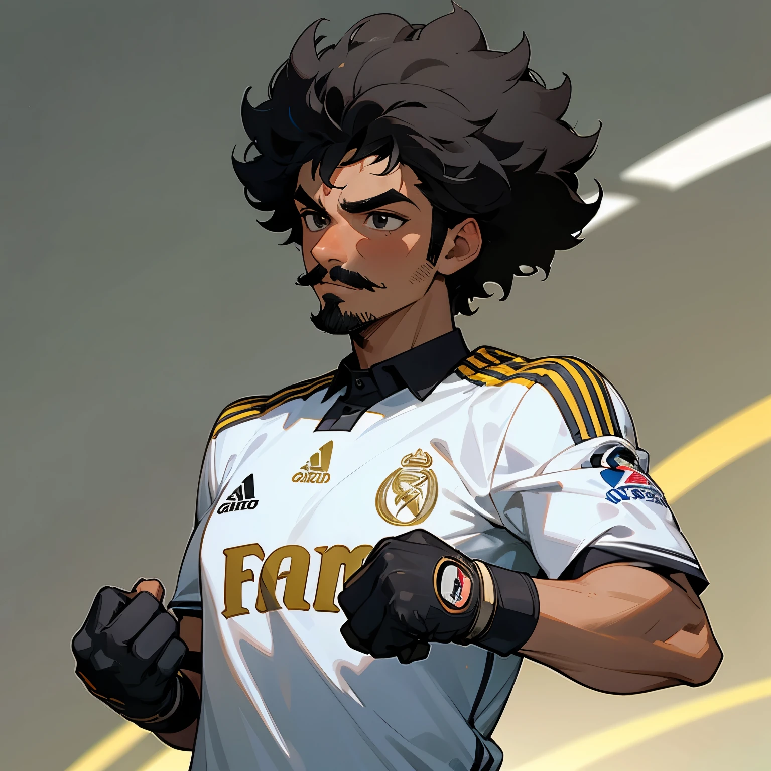 1male , Black Hair , Black Eyes , Shirt Afro Hair , Tan Skin, Chin Stubble ,Mustache Stubble, Lean Muscular Build , Soccer Field Background ,Real Madrid Soccer Jersey ,Black Goalie Gloves, Shortsleeve Soccer Jersey, Male