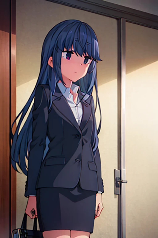 1girl, rin shima, suit, office lady, black skirt, black blazer, pencil skirt, white shirt, collared shirt, long hair, teenager, looking at viewer, full body, sad face