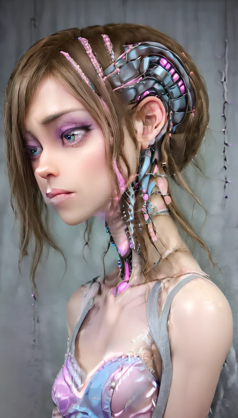 jessicagraham, (Complex Professional 3D rendering:1.3) of (Ultra detailed:1.3) side profile, xray diagram deconstruction of a cyborg brain to machine interface, extended neck, glowing lights, Highly detailed, Depth, Many parts, Lumen render, 8k x-ray style translucent bald head, clear skin, synthetic bone, purple pink and blue Xray style on a grey background covered in geometric patterns,CGSociety,ArtStation