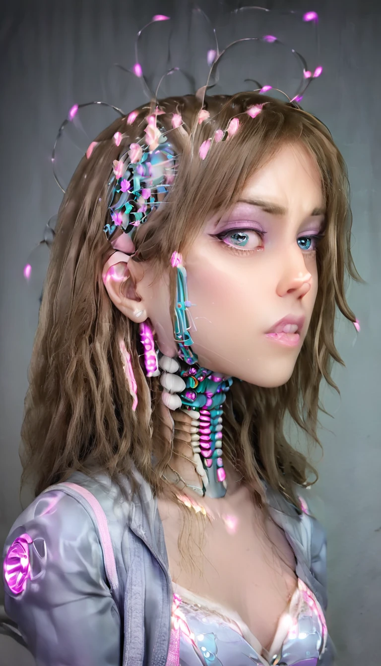 jessicagraham, (Complex Professional 3D rendering:1.3) of (Ultra detailed:1.3) side profile, xray diagram deconstruction of a cyborg brain to machine interface, extended neck, glowing lights, Highly detailed, Depth, Many parts, Lumen render, 8k x-ray style translucent bald head, clear skin, synthetic bone, purple pink and blue Xray style on a grey background covered in geometric patterns,CGSociety,ArtStation