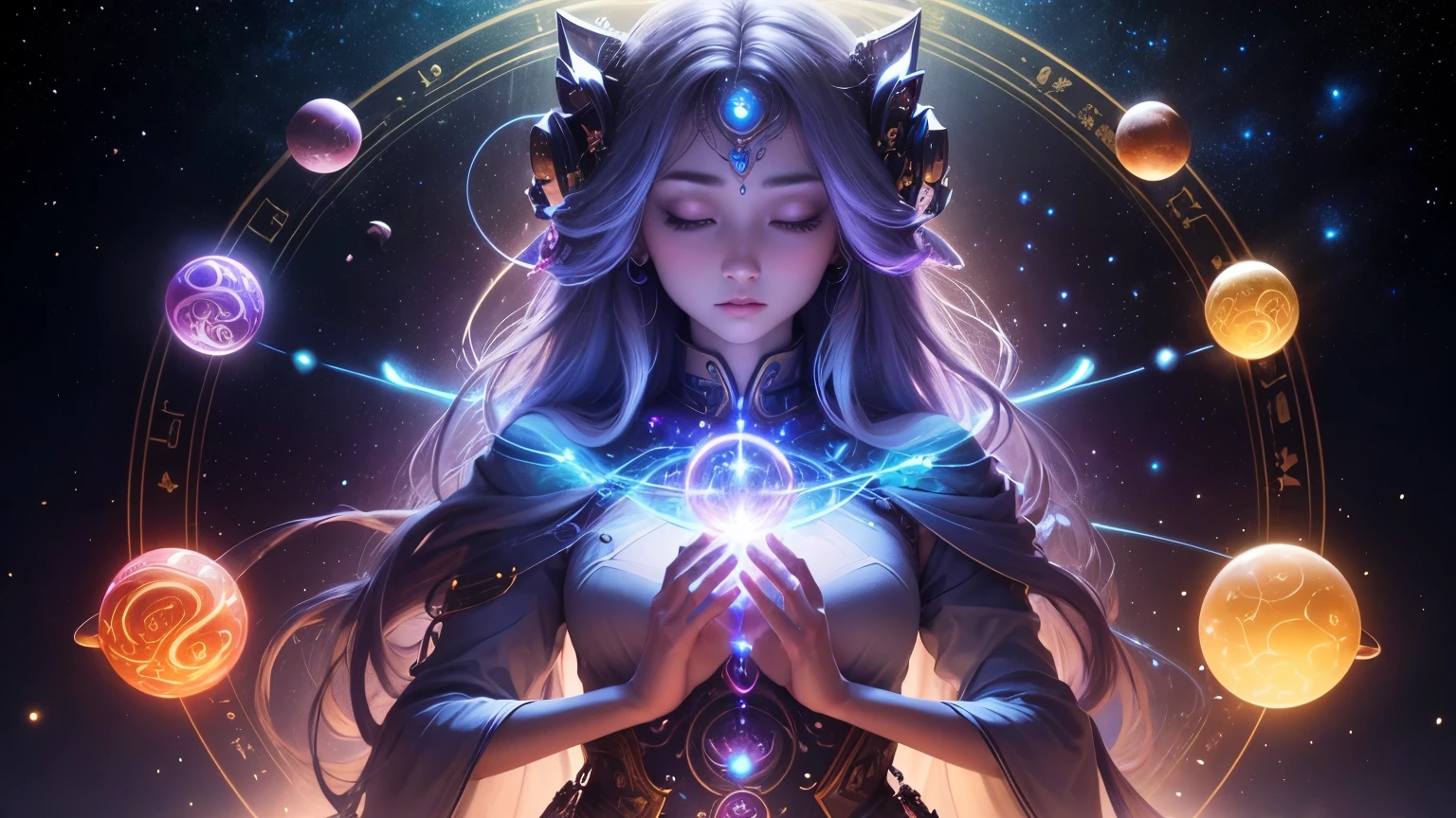 (highest quality,4k,Super detailed,bright colors),(超realistic,realistic:1.37),existence of the universe,harmonizer,gather in a circle,bright colorsの光を発する,Holographic Body,Transparent and fantastic,great heavenly power,resonant frequency,intertwined energy chains,shining aura,existence of another world,diverse shapes and forms,supernatural essence,peaceful and calm atmosphere,Harmony and balance of the universe,intergalactic conference,transcendental connection,starry sky background,Arrangement of nebulae and galaxies in the universe,Fantastic space landscape,amplified energy field,illuminate the surroundings,cosmic energy vortex,shining rays,blend with the universe,Knowledge and wisdom of the infinite universe,transcendental communication,infinite love and compassion,manifestation of universal truth,illumination of the soul,harmonious vibrations,cosmic illumination,Expanding awareness,color spectrum,mystical runes and symbols,create a heavenly symphony,In the universe、goddess' Eyes are closed,Gold clothing