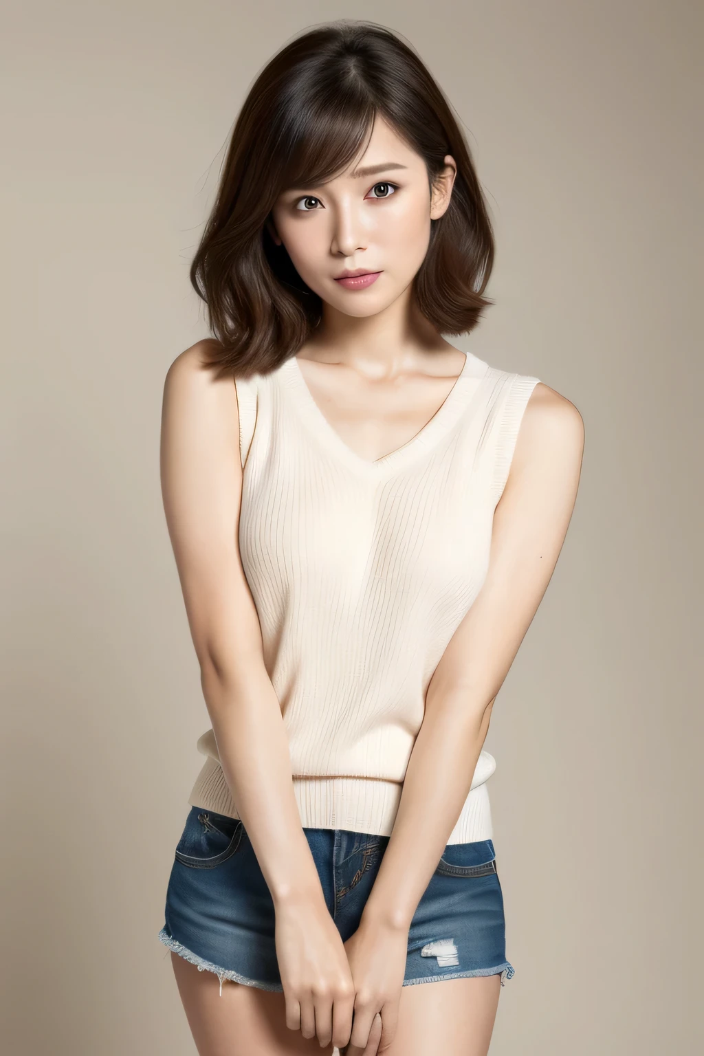 japanese mature, (Solo), 50 years old, (Wrinkles at the corners of the eyes:1.2), Large breasts, A MILF, glamor, A sexy, Chromo-white skin, Looking at Viewer、Super large udder、Wearing a sleeveless turtleneck knit、Tight Fit Knitted Dresseuchimuchi、(Tight-fitting ultra-short denim shorts:1.3)、high-heels、ssmile、livingroom、Sitting with legs open、 Navel exposed