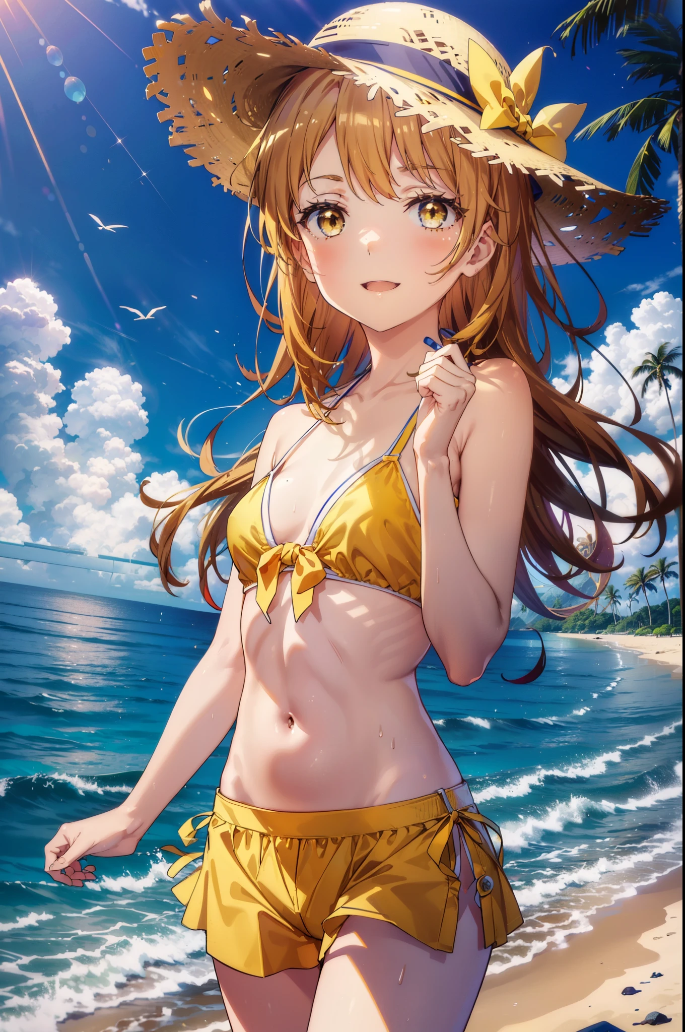 irohaisshiki, iroha isshiki, long hair, brown hair, (brown eyes:1.5), Medium chest,happy smile, smile, open your mouth,smile,big straw hat,Yellow bikini swimsuit,naked belly,It&#39;s thin, Yellow separate vinyl, barefoot, beach outfit,real summer,Palm tree, 砂浜
break outdoors, beach,
break looking at viewer,
break (masterpiece:1.2), highest quality, High resolution, unity 8k wallpaper, (shape:0.8), (fine and beautiful eyes:1.6), highly detailed face, perfect lighting, Very detailed CG, (perfect hands, perfect anatomy),