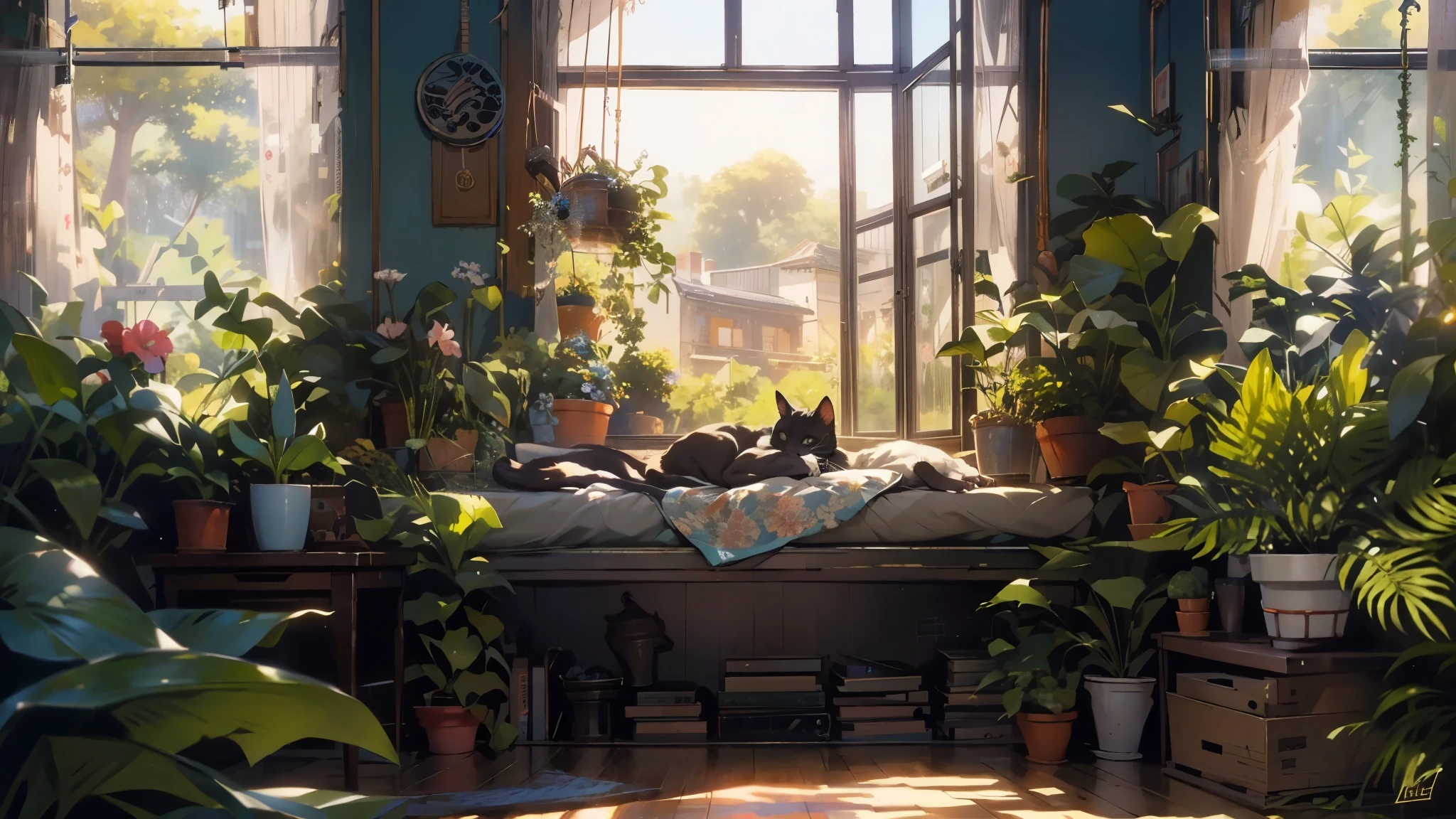 A cat is lying on a bed in a room with plants, relaxing concept art, Ross Tran. scenic background, studio ghibli sunlight, by ヤン・J, Atei Gailan 8K, Cats and plants, 🌺 CG Society, by Zhou Chen, beautiful anime scene, Gwaites style artwork, relaxed atmosphere, Written by Sylvain Saraira