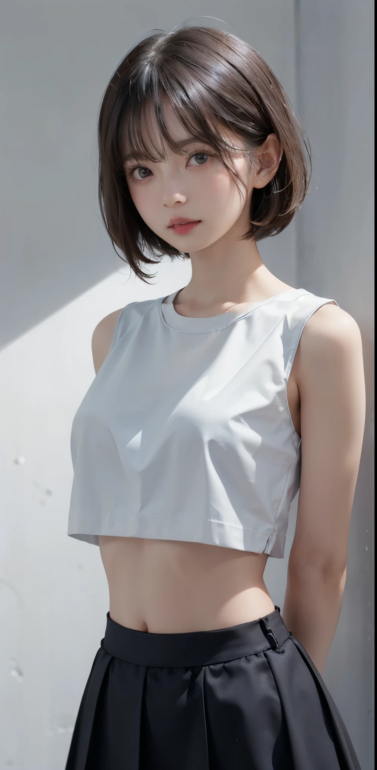 Masterpiece, 1 Beautiful Girl, Detailed Eyes, Swollen Eyes, Top Quality, Ultra High Resolution, (Reality: 1.4), Original Photo, 1Girl, Cinematic Lighting, Japanese, Asian Beauty, Korean, Very Beautiful, Beautiful Skin, Slender, Body Facing Front, (Ultra Realistic), (High Resolution), (8 K), (very detailed), (best illustration), (beautifully detailed eyes), (super detailed), detailed face, looking at viewer, facing straight ahead, short hair, black hair, 46 point slanted bangs, white background, neat room, croptop, navel, skirt