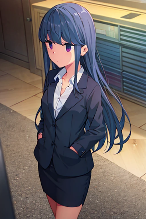 1girl, rin shima, suit, office lady, black skirt, black blazer, pencil skirt, white shirt, collared shirt, long hair, ager, looking at viewer, full body, sad face