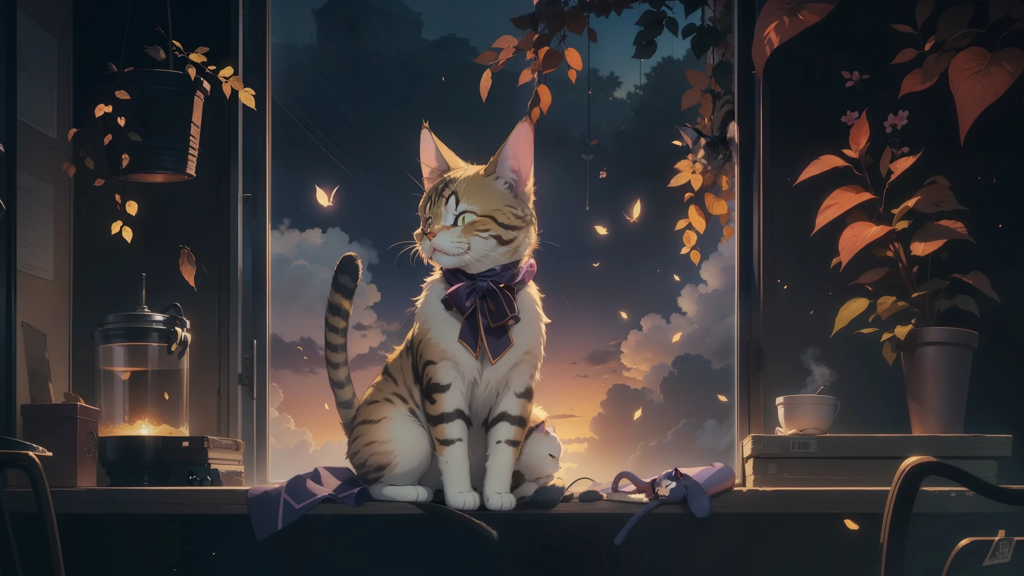A cat is curled up and sleeping on a windowsill in the sunlight,1 cat、 Cute cat anime visual, anime cat, beautiful anime catgirl, cute anime catgirl, cat sora, very beautiful anime cat girl, realistic anime cat, anime catgirl, 4k anime wallpaper, anime art wallpaper 4k, anime art wallpaper 4k, anime background