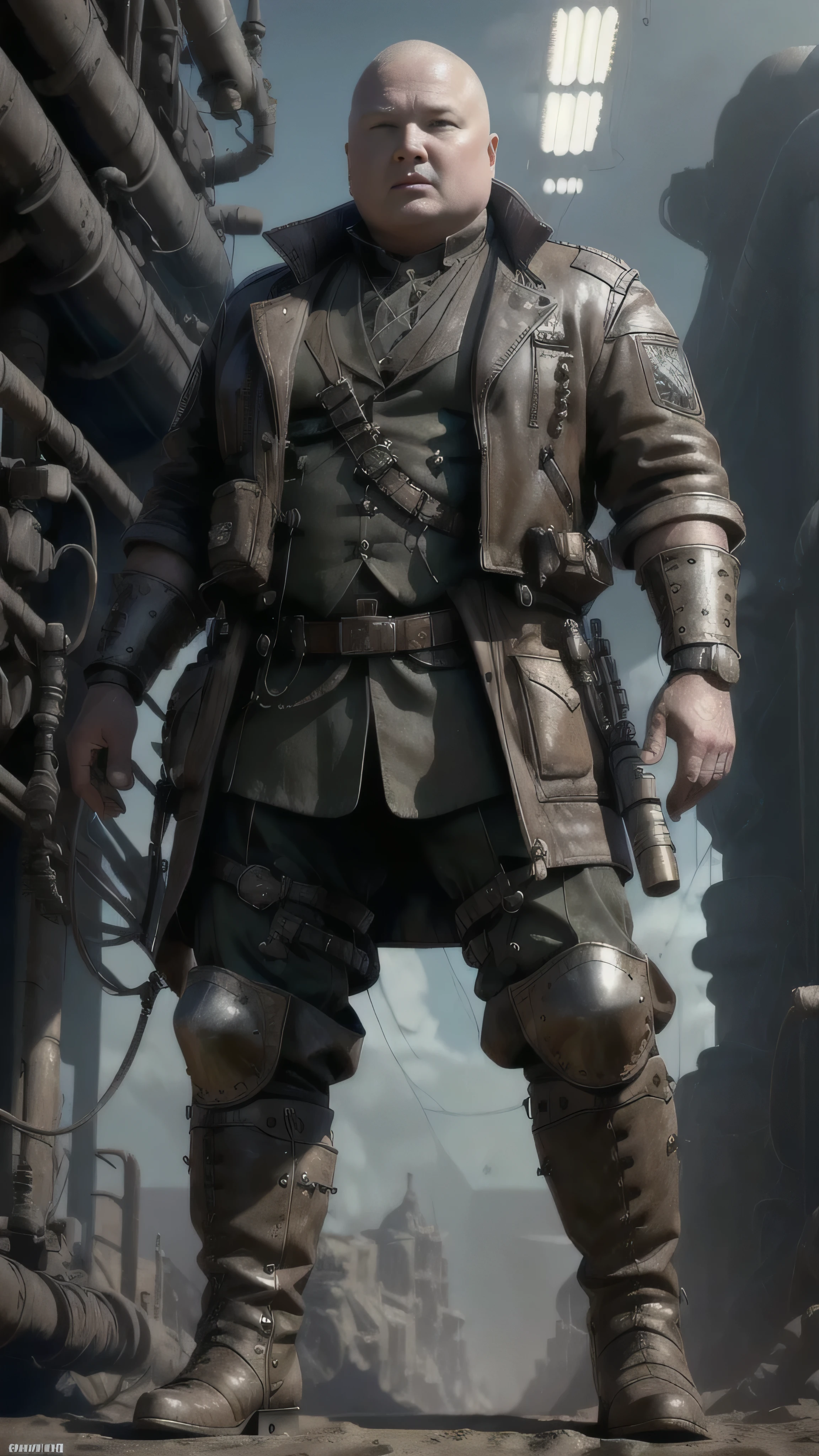 dieselpunkai, ((Conleth Hill)) as Varys, (dieselpunk outfit), dieselpunk boots, standing in a dieselpunk desert, 1man, solo, beautiful detailed glow, detailed, cinematic light, intricate detail, realistic, highres, detailed facial features, high detail, sharp focus, smooth, aesthetic, extremely detailed, stamp, octane render