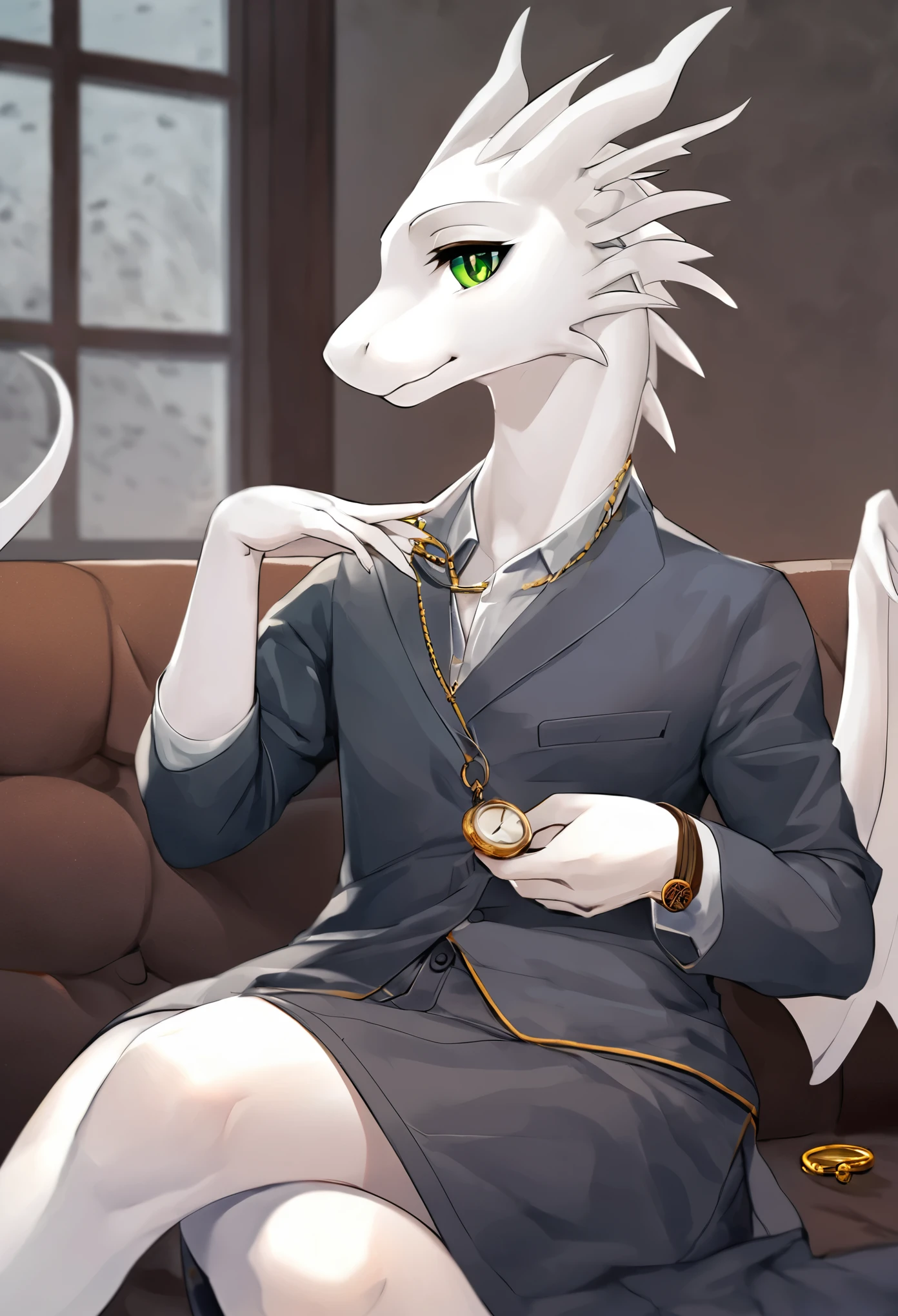 Oriental White Dragon(species),Casual attire,Deep green eyes,toned figure,Overcast personality,Holding a pocket watch,sitting in the couch,Holding a ring