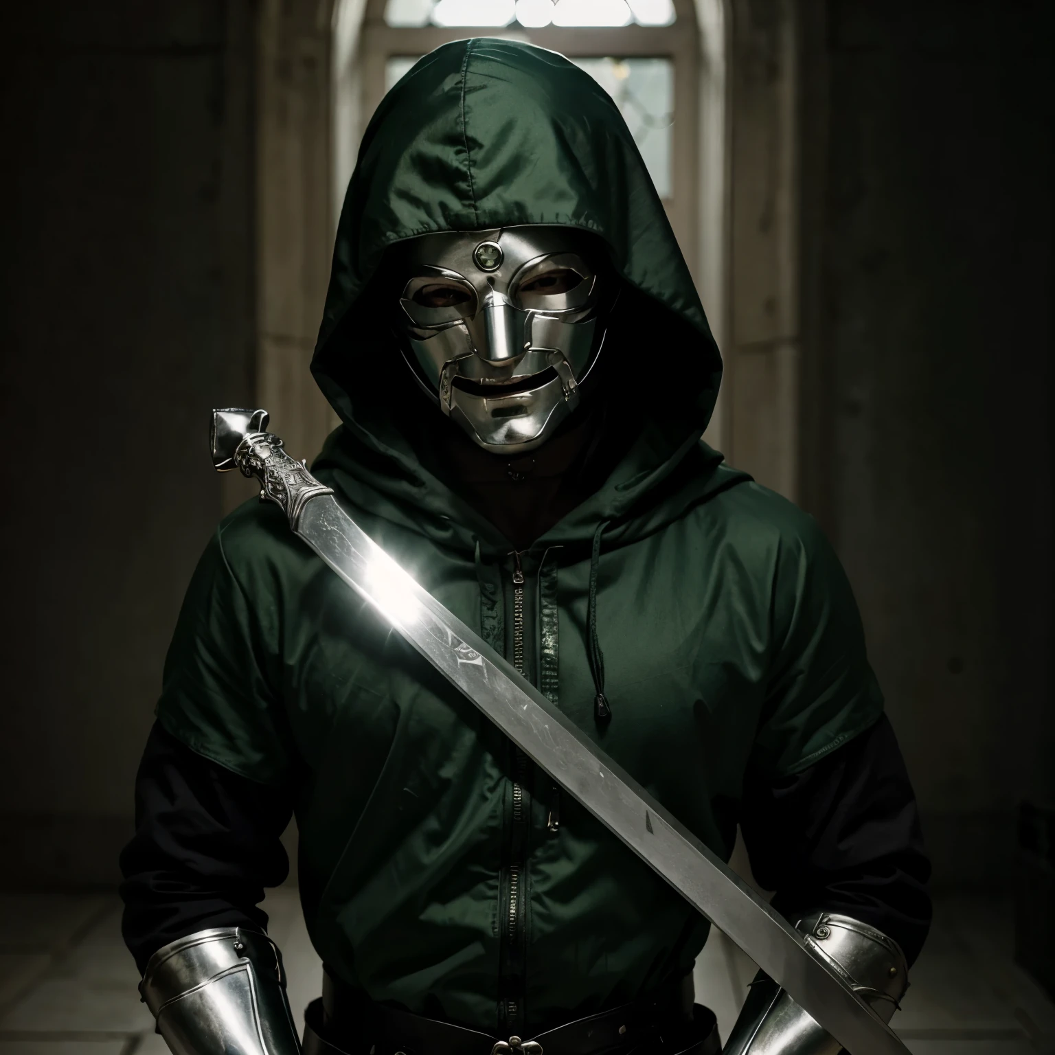 A green hooded swordsman with a silver smiling mask with deep dark black eyes