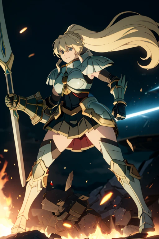 masterpiece, high quality, best quality, 1girl, (muscular:1), muscles, abs, biceps, thighs, obliques, abs lines, naval, thighs, fit, (super gigantic breasts), buffed, (closed mouth, half smile), alicetaria, blonde hair, long hair, ponytail, green eyes, armor, greaves, cape, gauntlets, pleated skirt, shoulder armor, pauldron, white background, anime screencap, anime key visual, full body