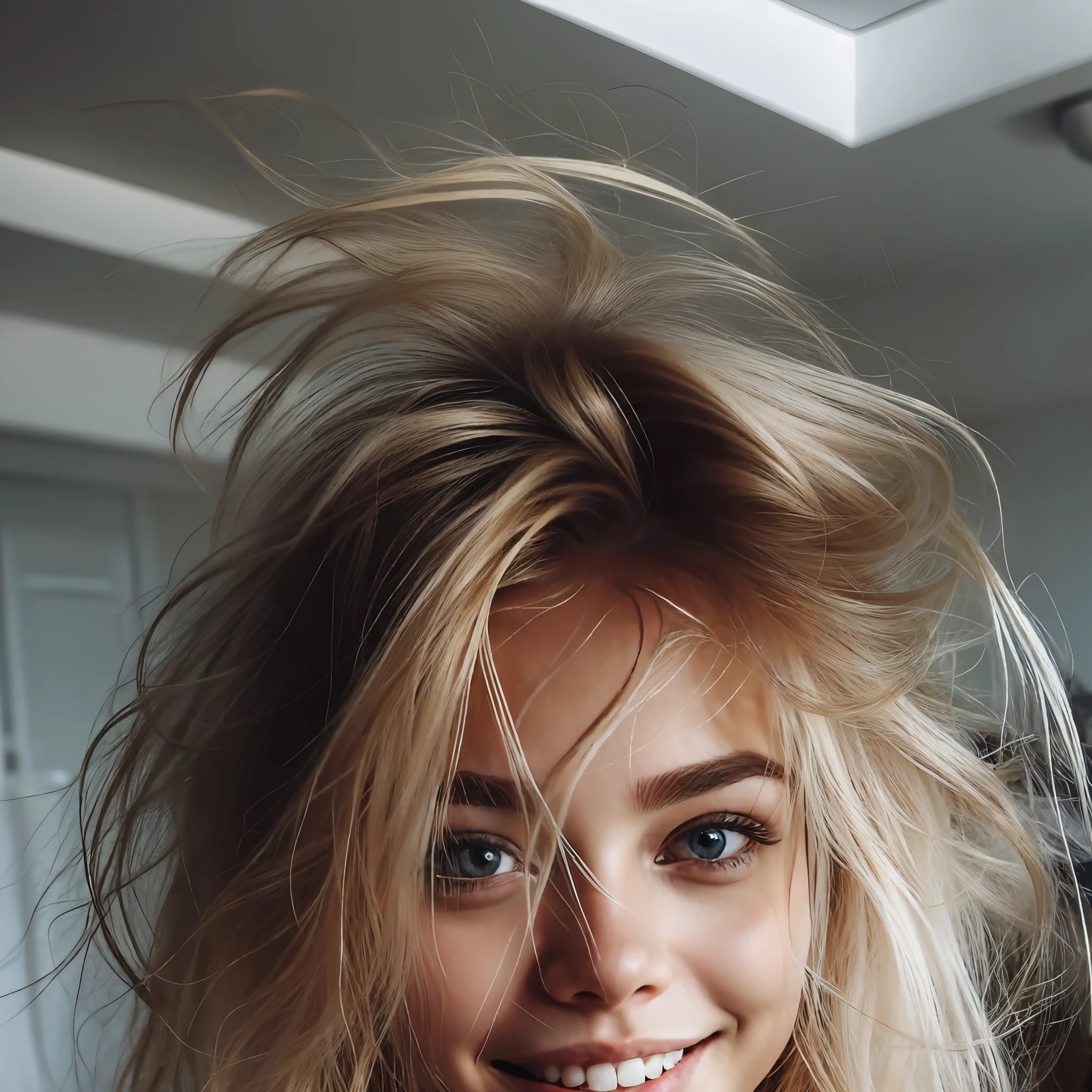 blond woman with long hair sitting on bed smiling at camera, messy blond hair, messy blonde hair, she has messy hair, messy hair bedhead, beautiful blonde girl, loose messy hair, messy hair, her hair is natural disheveled, cool tousled hair, 🤤 girl portrait, blonde shaggy hair, soft hair, crazy seductive smile, cute seductive smile