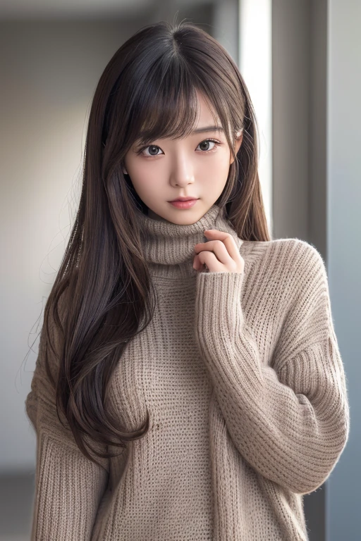 ((highest quality, 8K, masterpiece: 1.3)), woman (full body portrait, front, Wearing a long sweater), seabird, Catch Pose, overhead camera, sharp focus: 1.2, cute woman: 1.4, (((hairstyle random)), highly detailed face、skin、hair texture, detailed eye, double eyelid, 白いskin, beautiful and delicate nose, かわいい若い日本のwoman, 20-year-old, at a dynamic angle, eyeに心地よく、Thought-provoking composition, Emphasize the subject&#39;s hair, eye, words and actions, While creating a melancholy feeling characterized by calm tones and contrast between light and shadow.,