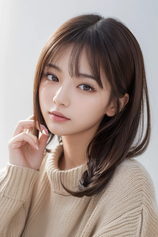 ((highest quality, 8K, masterpiece: 1.3)), woman (full body portrait, front, Wearing a long sweater), seabird, Catch Pose, overhead camera, sharp focus: 1.2, cute woman: 1.4, (((hairstyle random)), highly detailed face、skin、hair texture, detailed eye, double eyelid, 白いskin, beautiful and delicate nose, かわいい若い日本のwoman, 20-year-old, at a dynamic angle, eyeに心地よく、Thought-provoking composition, Emphasize the subject&#39;s hair, eye, words and actions, While creating a melancholy feeling characterized by calm tones and contrast between light and shadow.,
