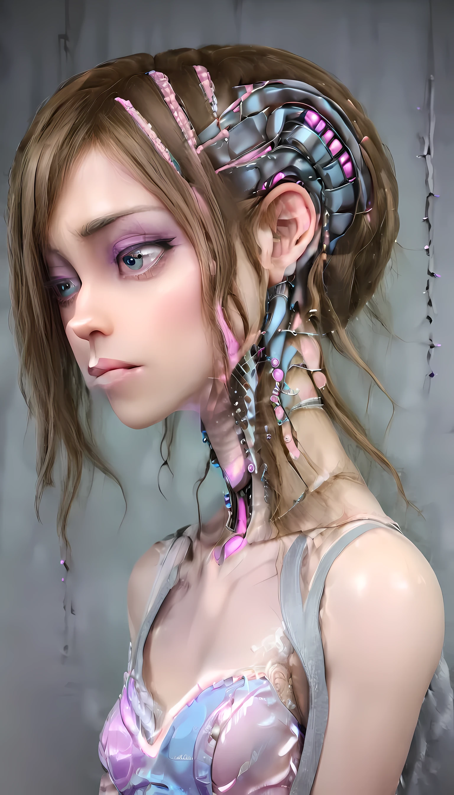 jessicagraham, (Complex Professional 3D rendering:1.3) of (Ultra detailed:1.3) side profile, xray diagram deconstruction of a cyborg brain to machine interface, extended neck, glowing lights, Highly detailed, Depth, Many parts, Lumen render, 8k x-ray style translucent bald head, clear skin, synthetic bone, purple pink and blue Xray style on a grey background covered in geometric patterns,CGSociety,ArtStation