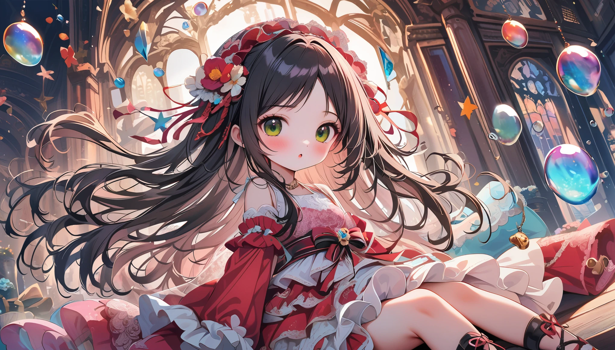 tinkle, (****), 1girl, solo, very long hair, light color, green eyes, blush, layered dress, see-through, frilled dress, lace printed , red dress, black hair, hair flower, sitting, small breasts, sash, detailed clothing, flowing hair, :o, translucent dress, bubble, looking at viewer, torino_aqua, shamed, blush, hair ribbon,, night, key, crystal, pink theme, fingernails, text, best quality, masterpiece, star, omochi_newest.super wide angle