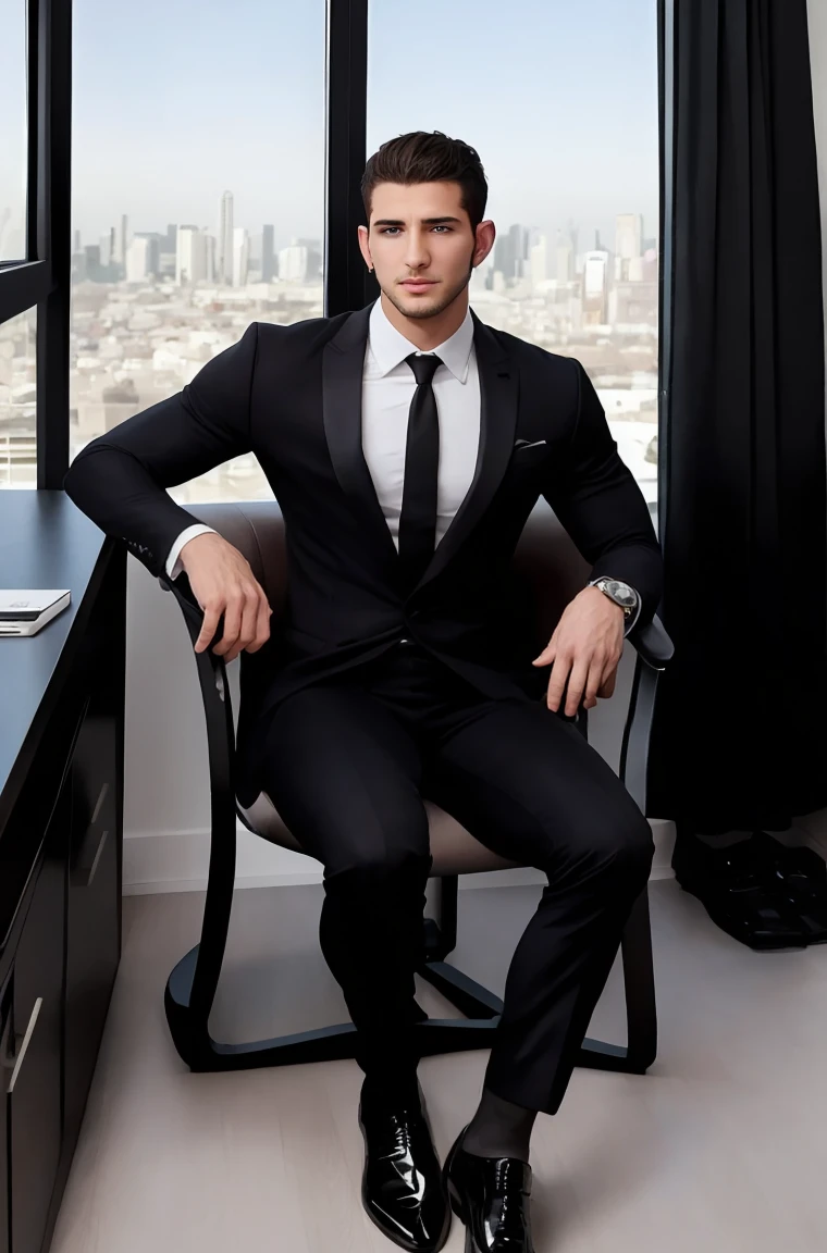 An attractive one, muscular, Confident middle eastern man sitting in office,full of power, Wearing a stylish black suit with a white tie. The window frames the stunning cityscape behind him. 25 year old male full body photo,long legs,Height 1.9m,Handsome guy,Sexy and charming expression,blue eyes, The figure is slightly fuller,Very similar to Chris Redfield.