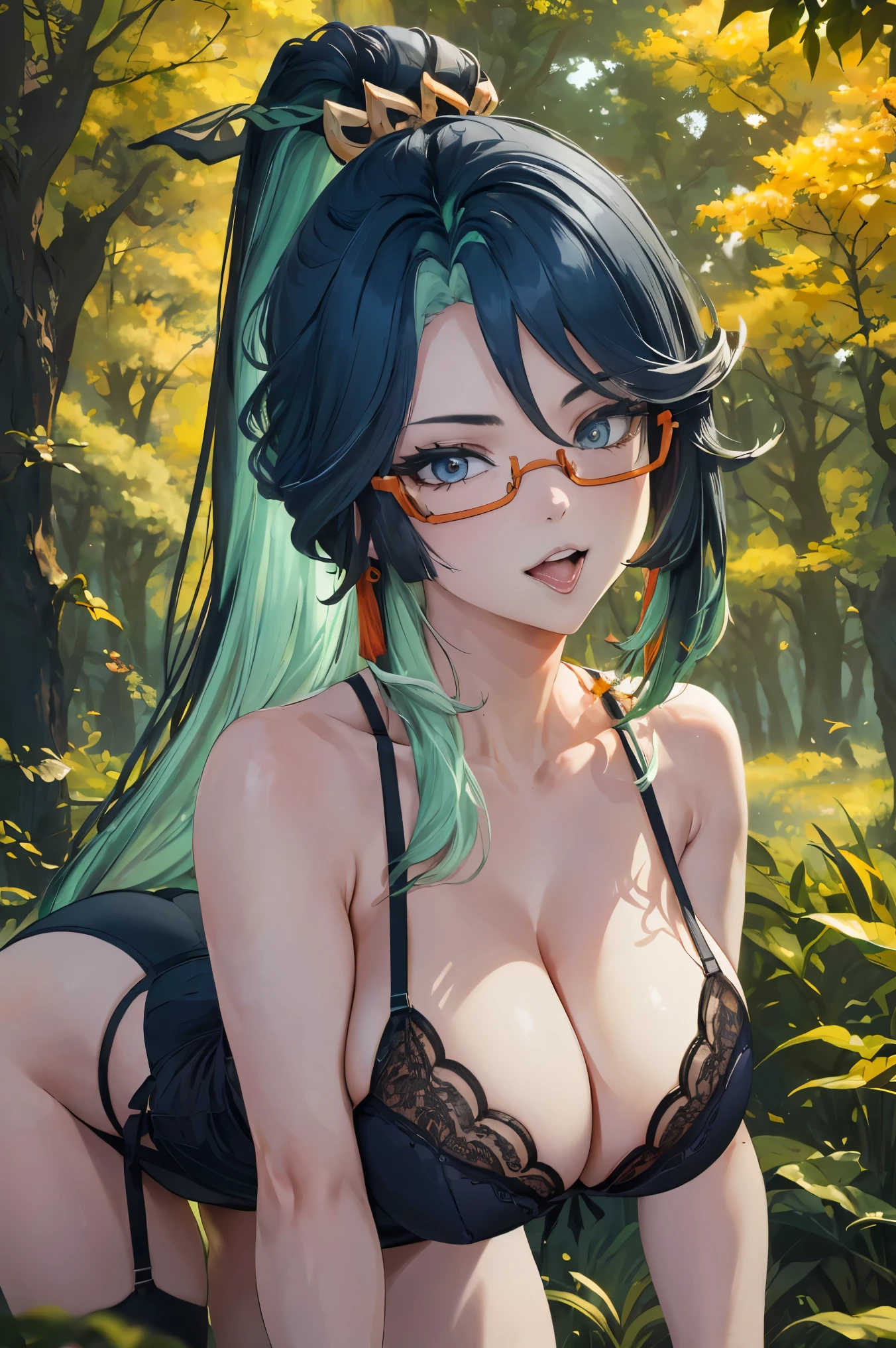 (masterpiece, best quality), 1girl, xianyun, glasses,ponytail, red-framed eyewear, under-rim eyewear,ponytail,
BREAK (dressed appropriately for school, wearing a  or casual attire, depending on the context. See huge cleavage and lingerie:1.2),
BREAK doggystyle, all fours,  sex from behind, facing viewer, tongue out, open mouth , smile ,rolling eyes,
BREAK detailed background, detailed face, (frontier western theme:1.1), autumn forest background, fallen leaves,
BREAK ((top quality, 8k, masterpiece: 1.3, ultra hd, high quality, best quality, high definition, realism)), sharp focus: 1.5, Beautiful woman with Slim body, (perfect hands, perfect anatomy),