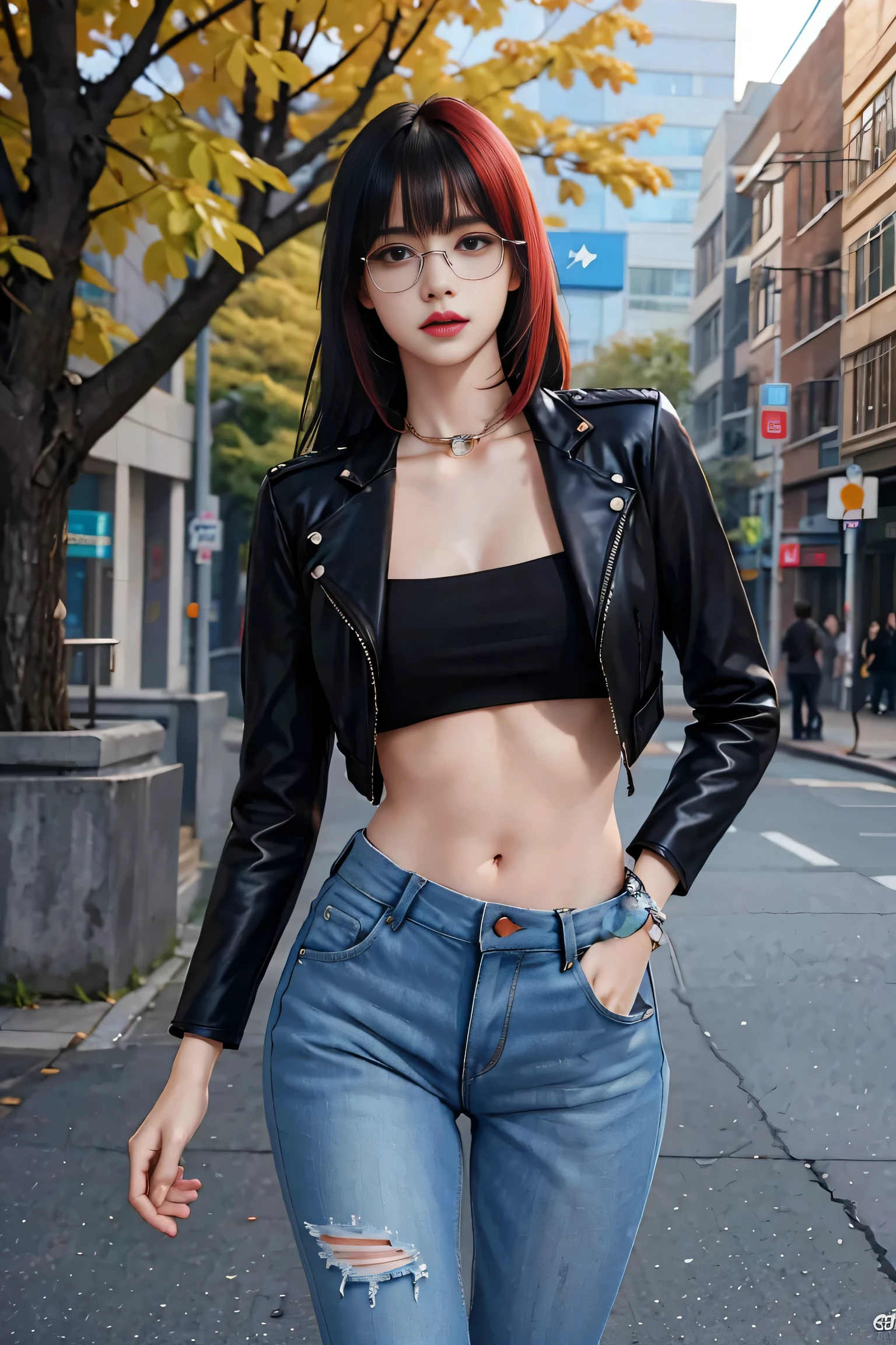fotorrealista, ultra realistic,..3d, art-station, CGSetnation, 8 mil,
Fotografia premiada de uma bela mulher caminhando no parque, (moda), (cabelos multicoloridos:1.2), cheeckbones, Rosto detalhado, Bejeweled,  a nice long leather jacket, jeans rasgados, pele primorosamente detalhada, anatomia perfeita, quadris largos, smooth midriff, lacuna na coxa), colorful sunglasses, vibrante