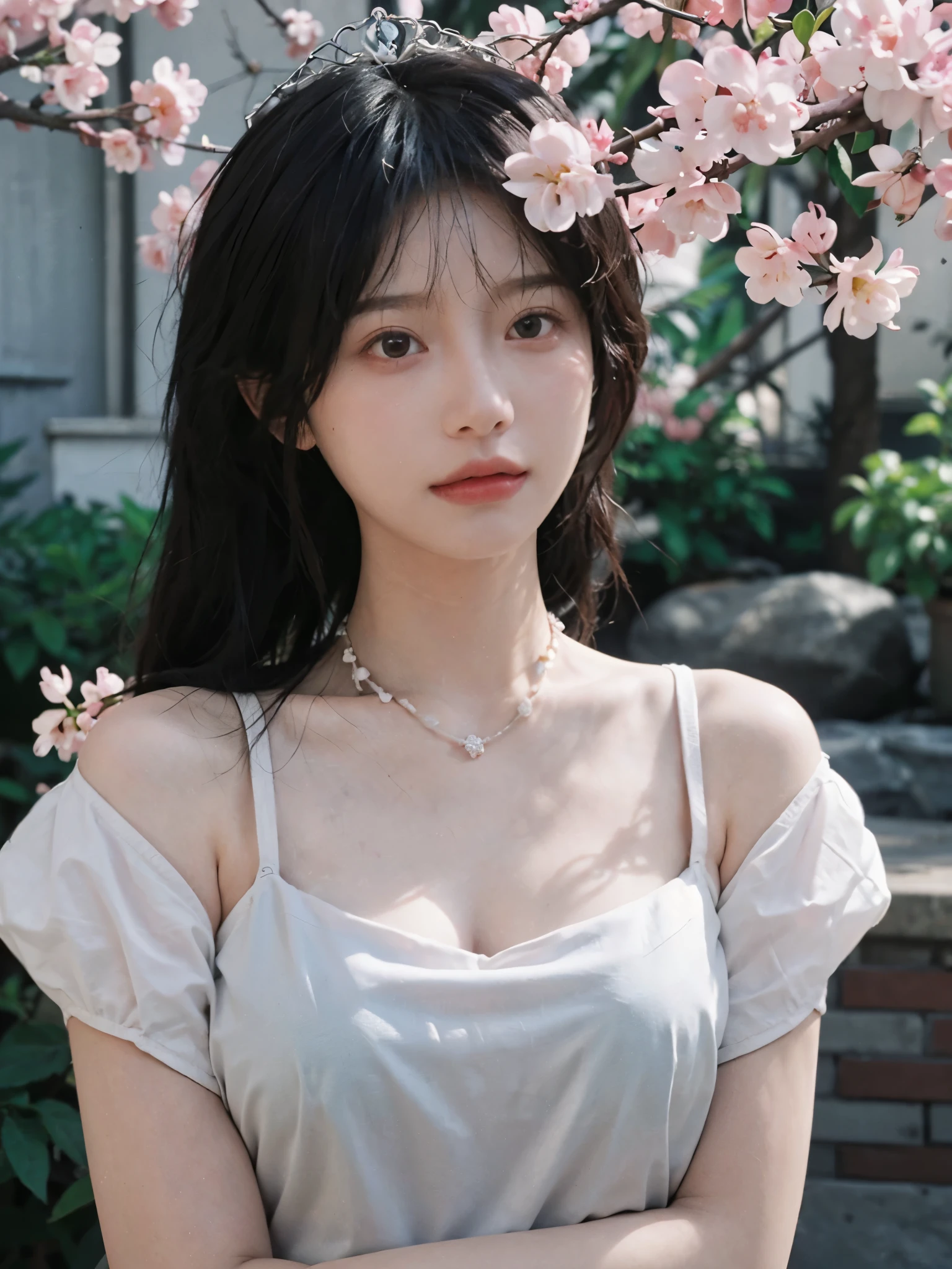 best quality， ultra high resolution， （realistically：1.4）， Cute tiara，Baoyu Girl， A pair of clear and charming peach blossom eyes,Royal sister，The sun shines on the face，Double tail，（in the cherry blossom tree：1.4），（necklace：1.2），（White skin：1.4），（Full body female love：1.2）a sense of atmosphere，a beautiful girl，Looking directly at the viewer， Close-up cleavage ，(lifelike:1.4),2 girls,Sexy,(Upper body:1.4),(wet),(:1.2)