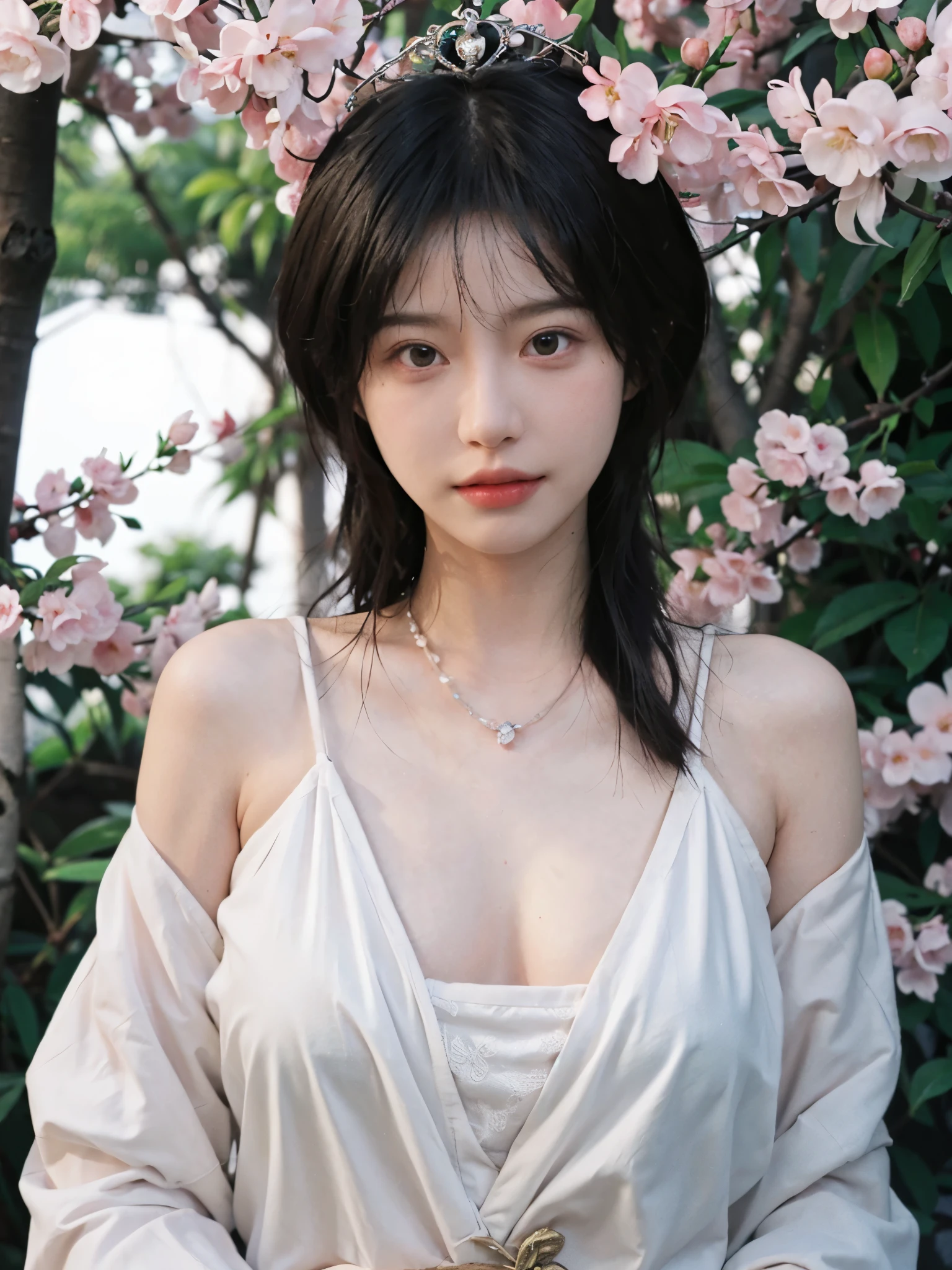 best quality, ultra high resolution, (realistically:1.4), Cute tiara,Baoyu Girl, A pair of clear and charming peach blossom eyes,Royal sister,The sun shines on the face,Double tail,(in the cherry blossom tree:1.4),(necklace:1.2),(White skin:1.4),(Full body female love:1.2)a sense of atmosphere,a beautiful girl,Looking directly at the viewer, Close-up cleavage ,(lifelike:1.4),2 girls,Sexy,(Upper body:1.4),(wet),(:1.2)