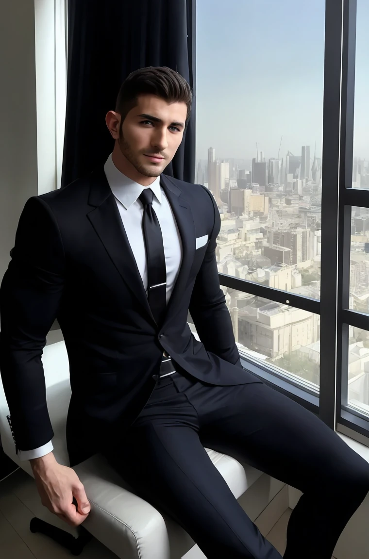 An attractive one, muscular, Confident middle eastern man sitting in office，full of power, Wearing a stylish black suit with a white tie. The window frames the stunning cityscape behind him. 25 year old male full body photo,long legs，Height 1.9m，Handsome guy，Sexy and charming expression，blue eyes， The figure is slightly fuller，Very similar to Chris Redfield.
