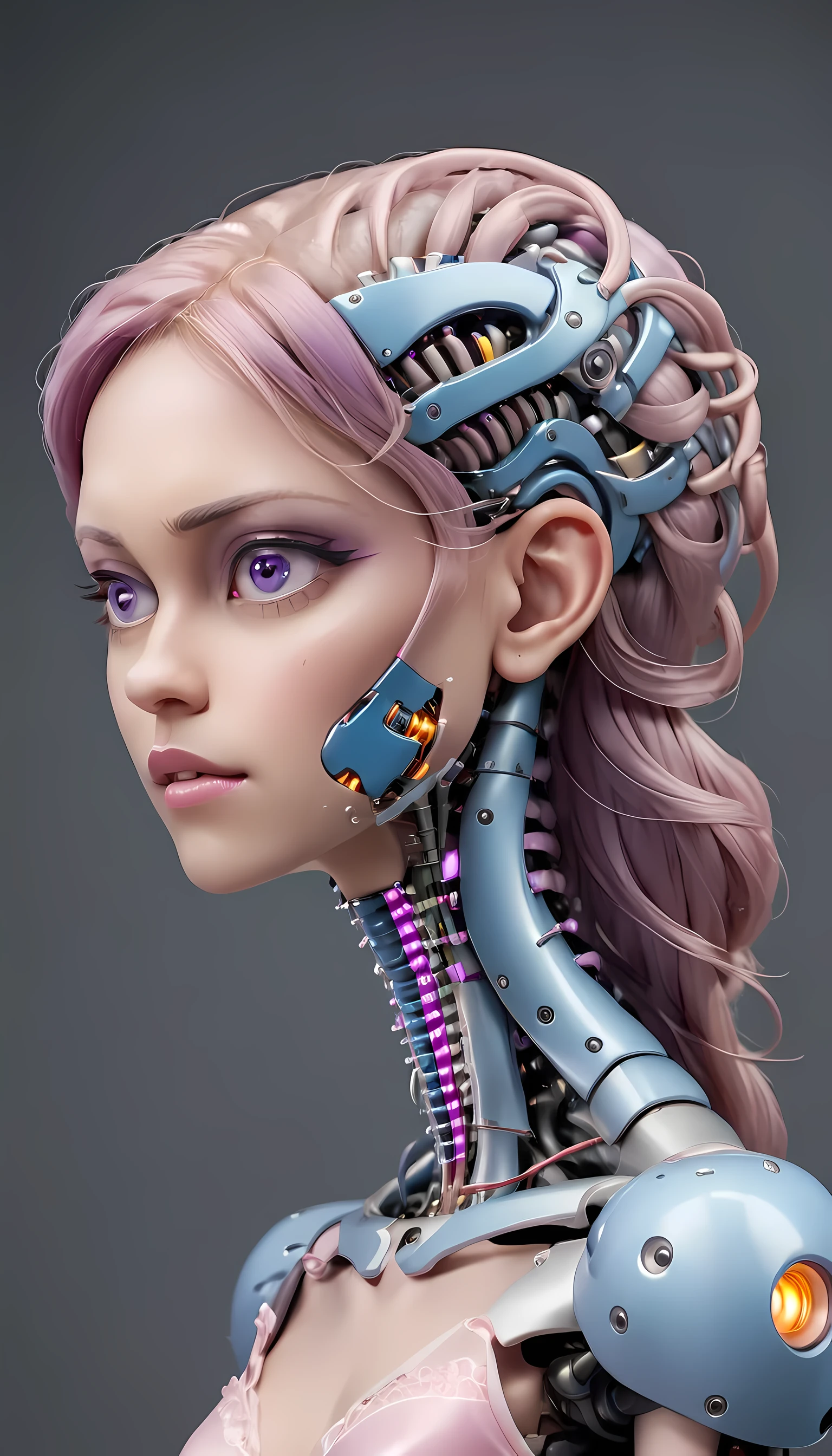 jessicagraham, (Complex Professional 3D rendering:1.3) of (Ultra detailed:1.3) side profile, xray diagram deconstruction of a cyborg brain to machine interface, extended neck, glowing lights, Highly detailed, Depth, Many parts, Lumen render, 8k x-ray style translucent bald head, clear skin, synthetic bone, purple pink and blue Xray style on a grey background covered in geometric patterns,CGSociety,ArtStation