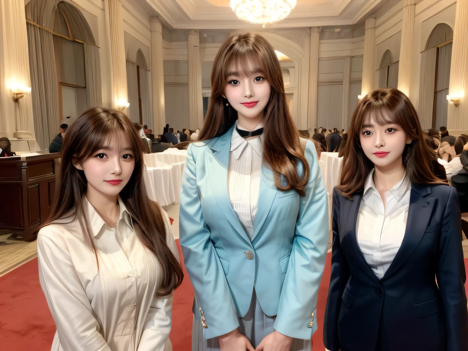 Award-winning photo, ((thousands of, hundreds of beautiful girls:1.4)), gorgeous women, Wearing the same maid clothes, ((inside the palace, very detailed)), (perfect face, very detailed faces, perfect eyes), different hair colors, ((cute face)), looking at the viewer, smile, Hilarious, Big breasts, black choker. blue eyes, perfect makeup, bangs, asian woman in arafed, korean girl, gorgeous young korean woman, beautiful south korean woman, seductive anime girl, beautiful asian girl, beautiful young korean woman, japanese goddess, korean woman, ((straight hair, brown hair))、mini skirt、((Formal suit、business style、office suit、Alignment))、((Maids doing alignment)), ((audience, Ceremony at the palace)), facing the camera and smiling, uniform, smooth skin、beautiful girl、Women's University