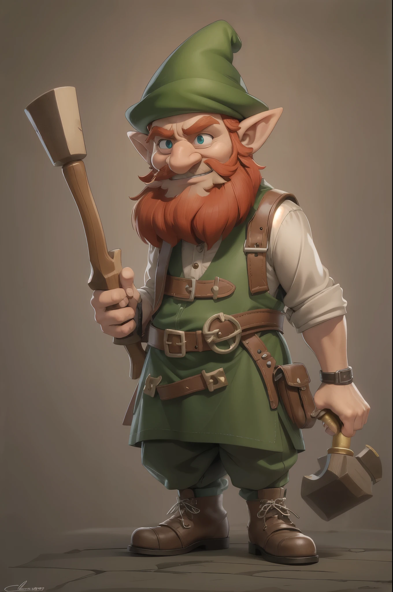 (master piece), 8k, best quality, cartoon Leprechaun, tiny  man, 1 meter tall, red hair, red beard, old man, wrinkled skin, thick nose, brown eyes and pointed elf ears, which denote his magical nature, clothes green, often accompanied by a red cap, a strange green three-pointed hat, which adds a touch of mystery to their appearance. A leather apron and buckled shoes complete her signature attire. They always keep with them a pipe, a small old and worn hammer, indicating their skills as craftsmen and engineers.