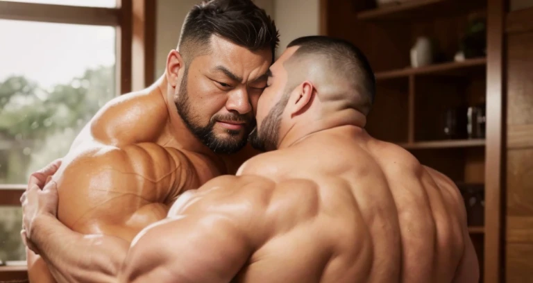(hugging each other:1.4), fat face, (inside bedroom:1.2), Japanese man, Chinese man, Korean man, Taiwanese man, manly face, (round face:1.4), (monolid eyes:1.2), (buzz cut:1.4), very large and strong body, bulky body, beefy muscles (bulging muscles:1.4), (very large pectoral muscles:1.4), (muscular arms:1.4), muscular abs, muscular legs, muscular back, brightens oily skin, master piece, realistic, panorama, distant view