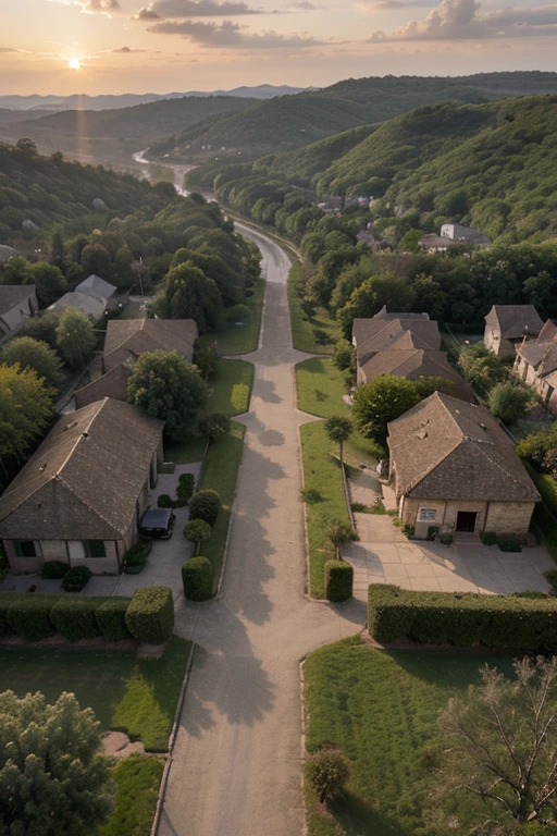 . A golden sunrise casting its warm glow over the tranquil village landscape, symbolizing the dawn of a new beginnin
