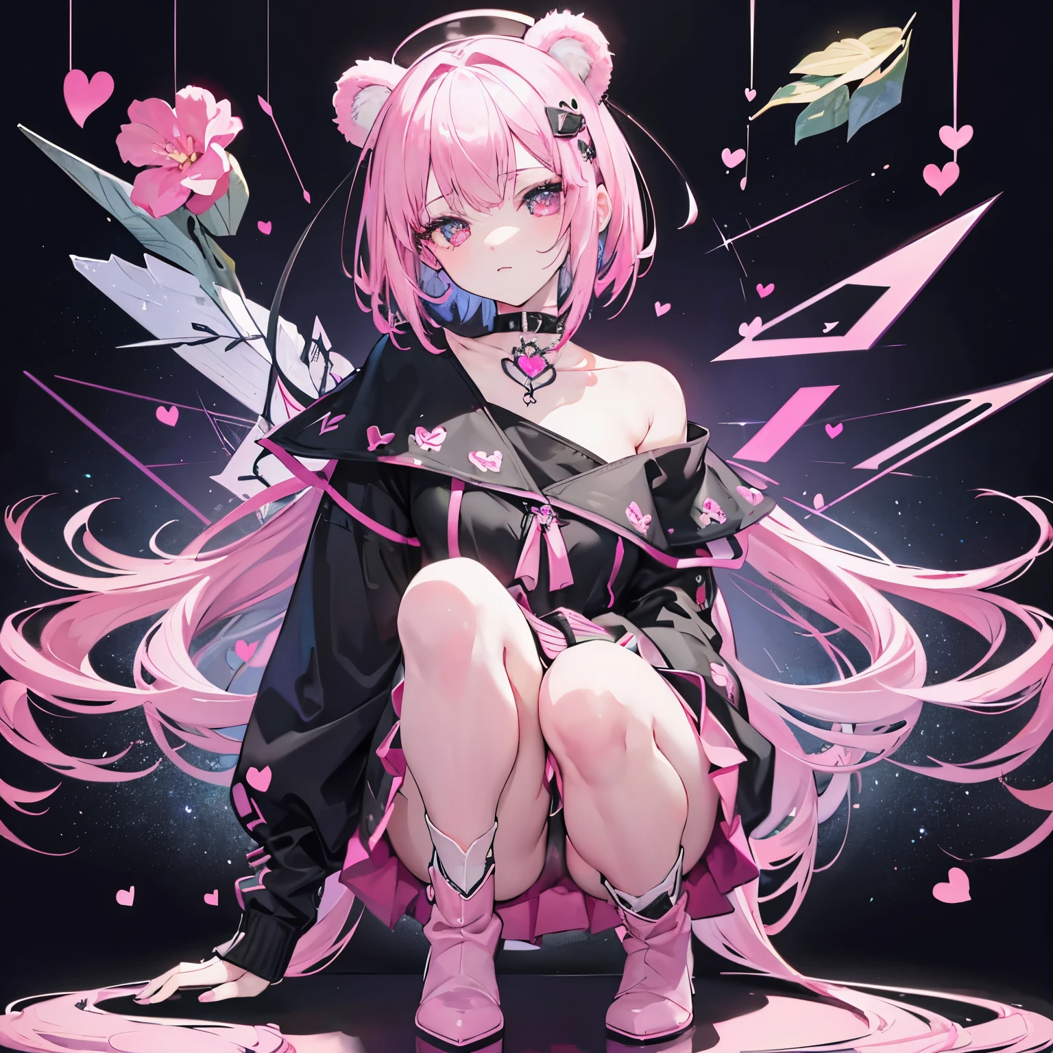 Anime girl with pink hair sitting on a black surface - SeaArt AI