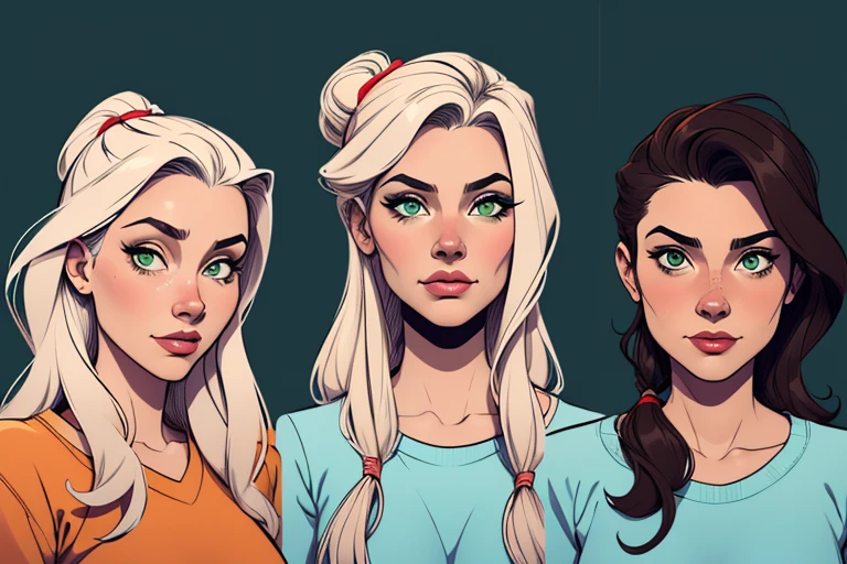 Turnaround sheet Imagem de desenho animado de uma mulher .cartoon style illustration, estilo de arte dos desenhos animados, estilo de arte dos desenhos animados, digital illustration style, design de personagens altamente detalhado, arte digital detalhada fofa, City fan art, Design de personagens de retrato, beautiful digital illustration, retrato de alta qualidade, Arte em quadrinhos, mulher jovem. Green eyes Medium and wonderful buso three too many spies Cloe Sam and Alex