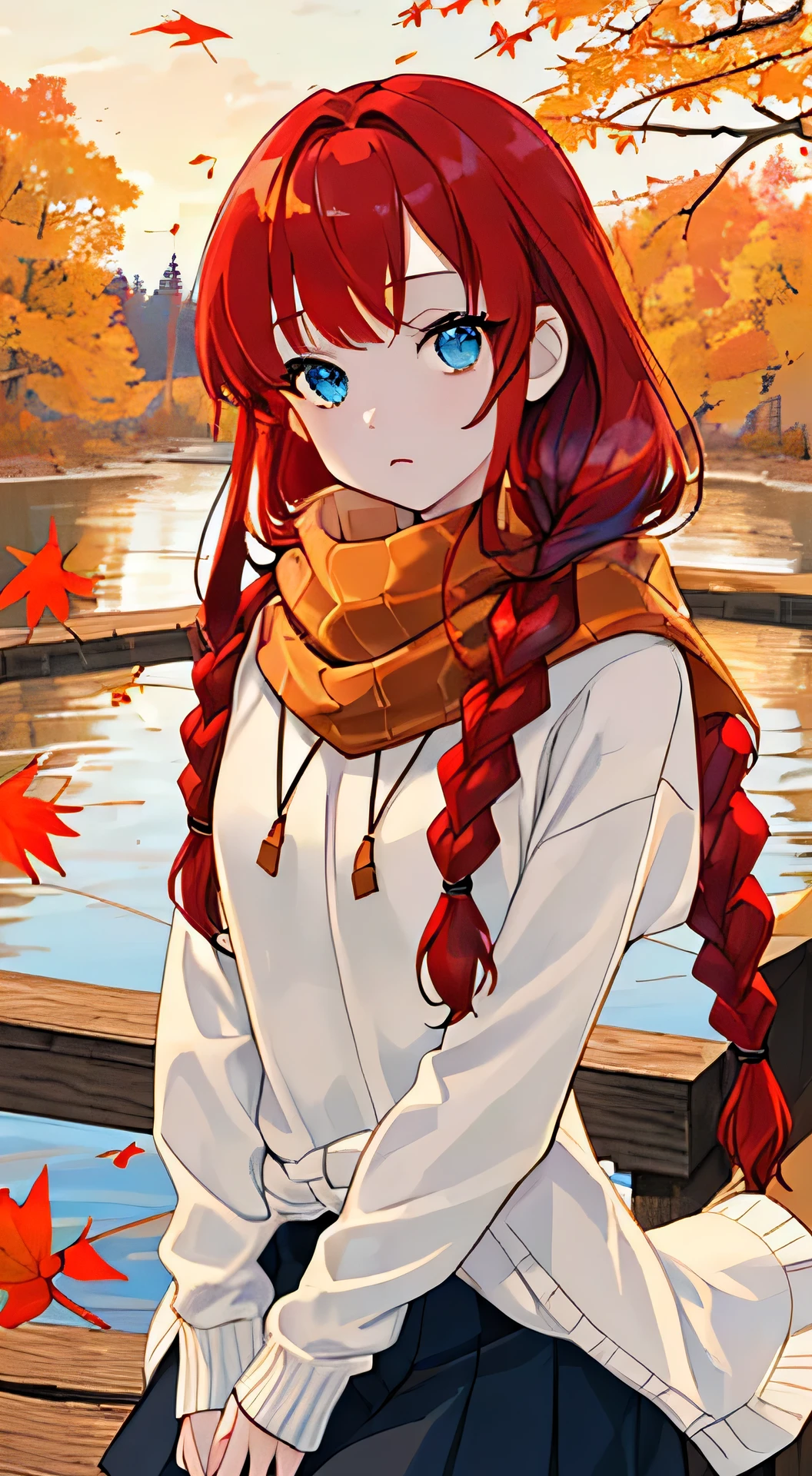 (masterpiece), best quality, ultra-detailed, illustration, warm lighting, soft lighting, bright colors, 1 girl, solo,(beautiful girl, mature face, long hair, blue eyes, red hair, swept bangs, very long hair, braided hair,) , autumn, many maple tree, maple leaves, golden leaves, fall foliage, Dried leaves, river, crisp air, peace, cool breeze , sweater weather,(wear white or brown sweater, red scarf)