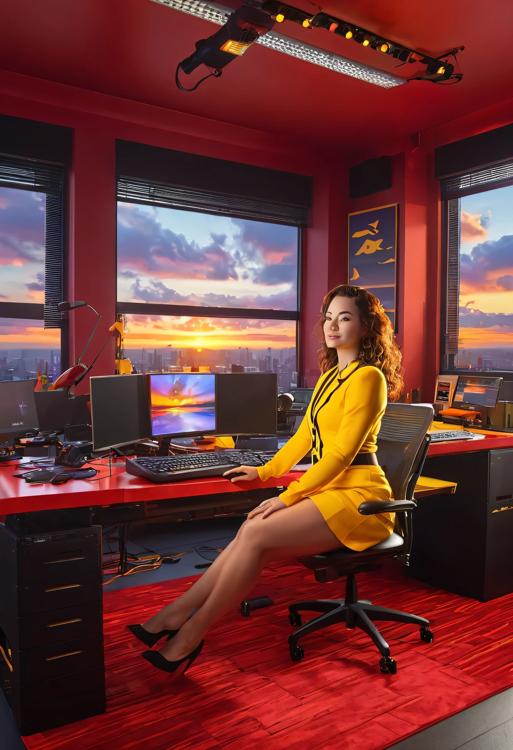 Full body photo of a woman, in StreamerRoomz, red and Yellow theme, sky, cloud, indoors, window,scenery, desk, sunset, cityscape,many monitor, keyboard (computer), masterpiece, best quality,volumetric lighting, studio lighting, absurdres,tangy details
