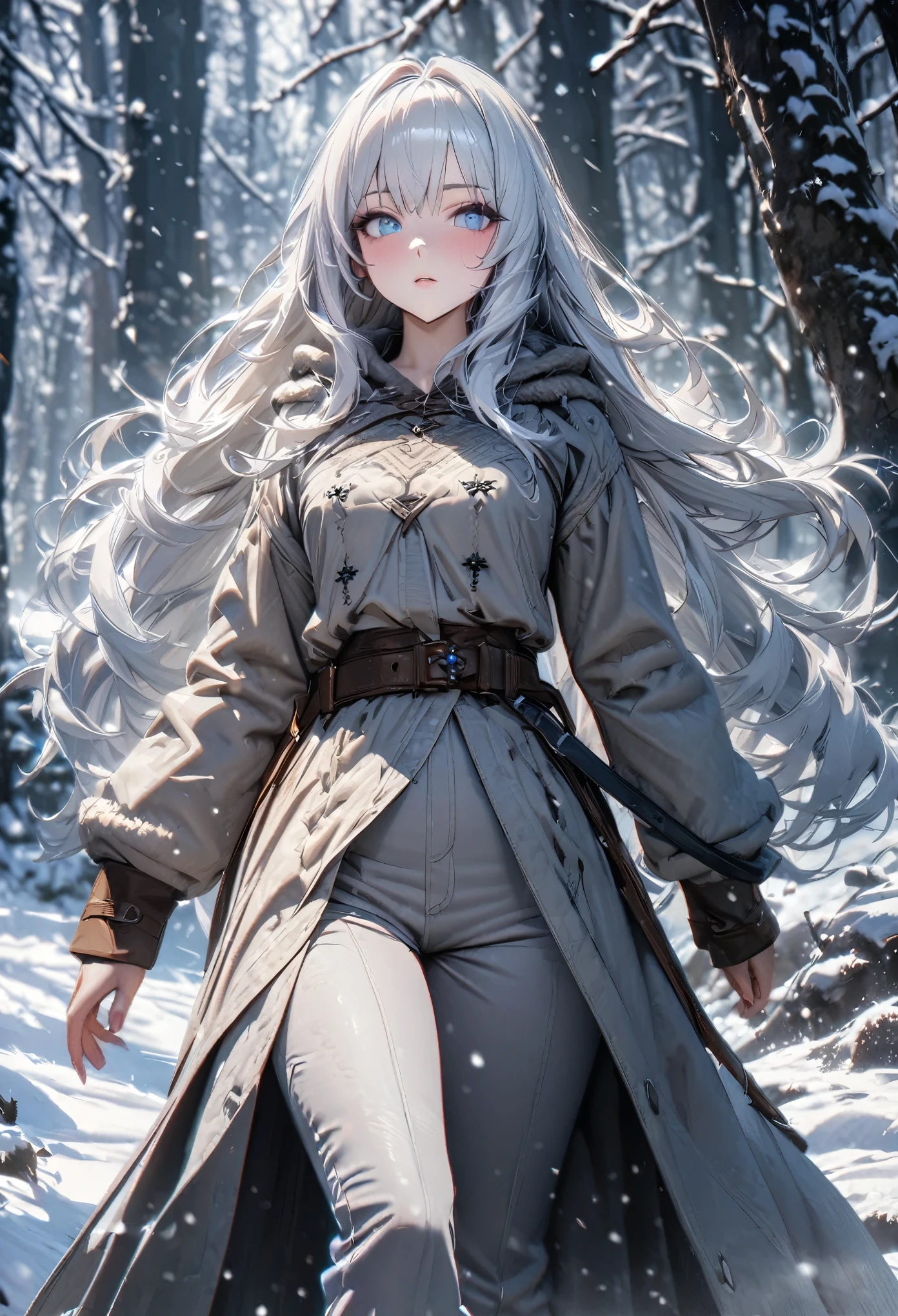 (absurdres, highres, ultra detailed), masterpiece, 8K, perfect resolution, great detail, super detailed, detailed face, 1girl, trench coat, long pants, winter clothes, medieval clothes, young adult, long white hair, dense hair, blue icy eyes, winter forest, snowing, angular face, small breasts, semi-realistic drawn style