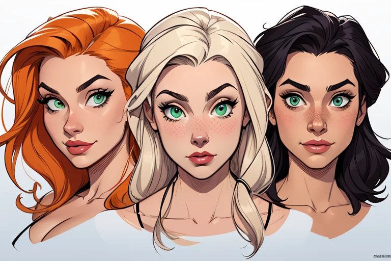 Turnaround sheet Imagem de desenho animado de uma mulher .cartoon style illustration, estilo de arte dos desenhos animados, estilo de arte dos desenhos animados, digital illustration style, design de personagens altamente detalhado, arte digital detalhada fofa, City fan art, Design de personagens de retrato, beautiful digital illustration, retrato de alta qualidade, Arte em quadrinhos, mulher jovem. Green eyes Average and wonderful busty three too many spies Cloe Sam and Alex beach tone Mark in a bikini
