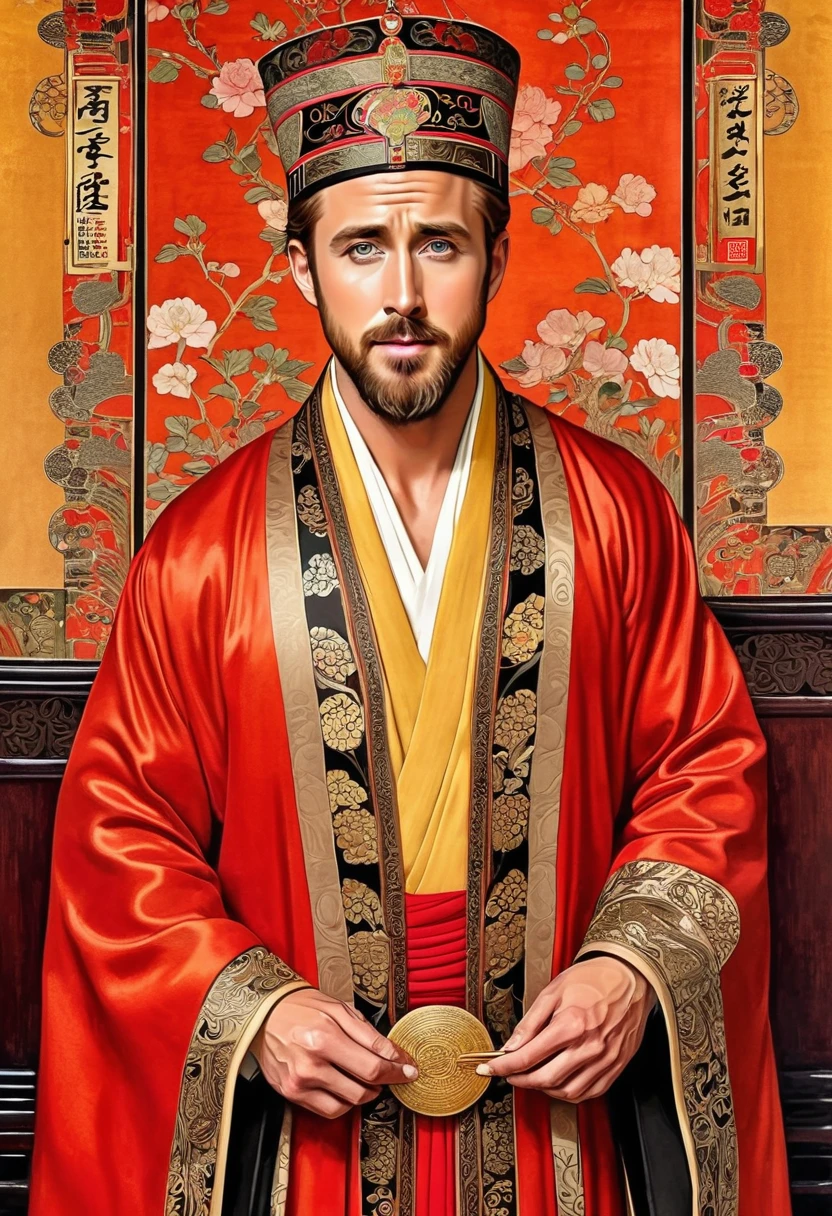 HDR quality Chinoiserie Art Nouveau style Gustav Klimt Ryan Gosling as Marco Polo wearing special Chinese hat and robe prepares to meet the merchant’s guild in old Cathay 12th century colored Chinese ink on xuan paper. By DL💜